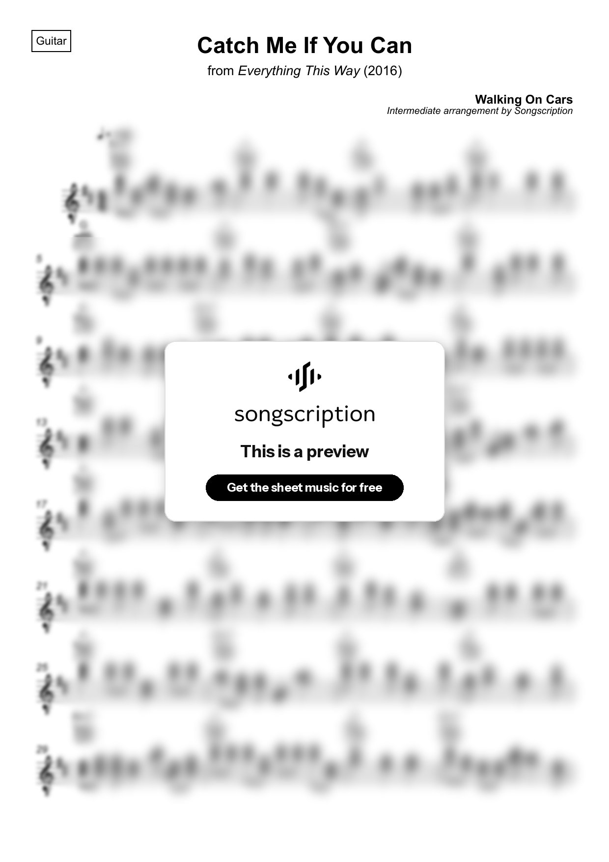 Intermediate Acoustic Guitar Sheet Music for "Catch Me If You Can" by Walking On Cars