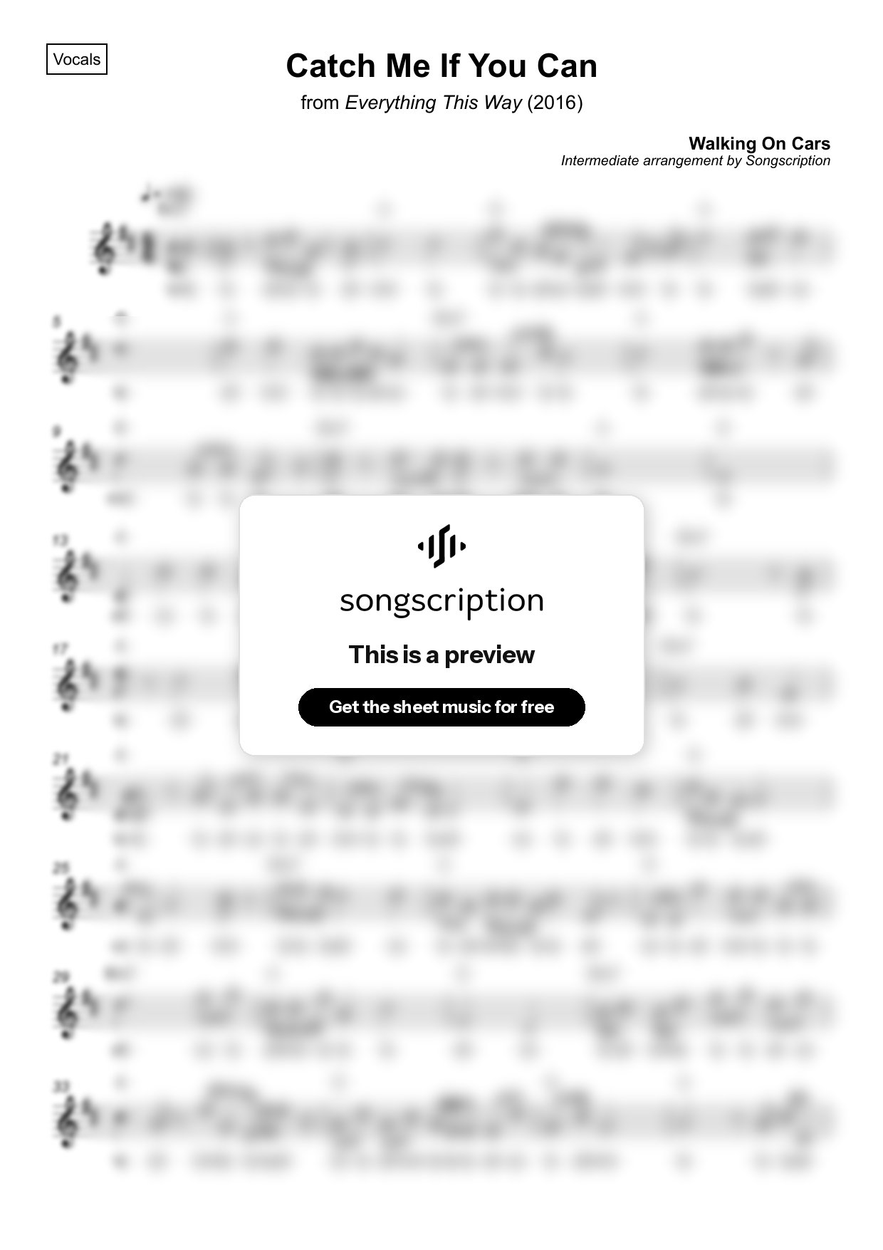 Intermediate Vocals Sheet Music for "Catch Me If You Can" by Walking On Cars