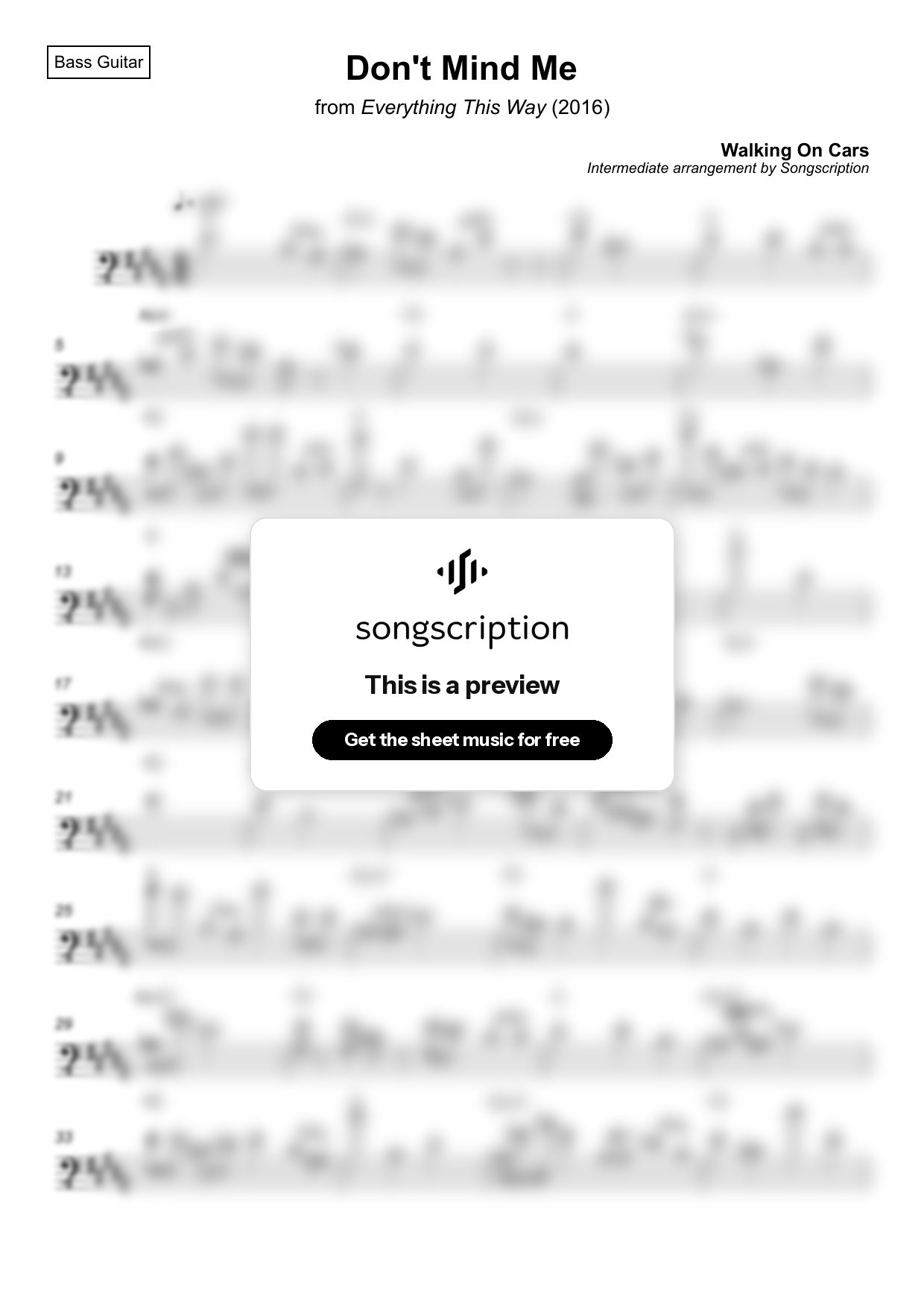 Intermediate Bass Guitar Sheet Music for "Don't Mind Me" by Walking On Cars