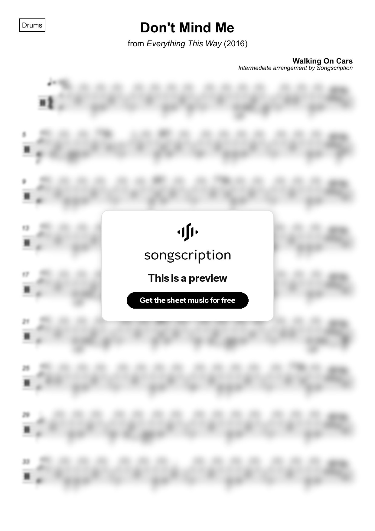 Intermediate Drums Sheet Music for "Don't Mind Me" by Walking On Cars