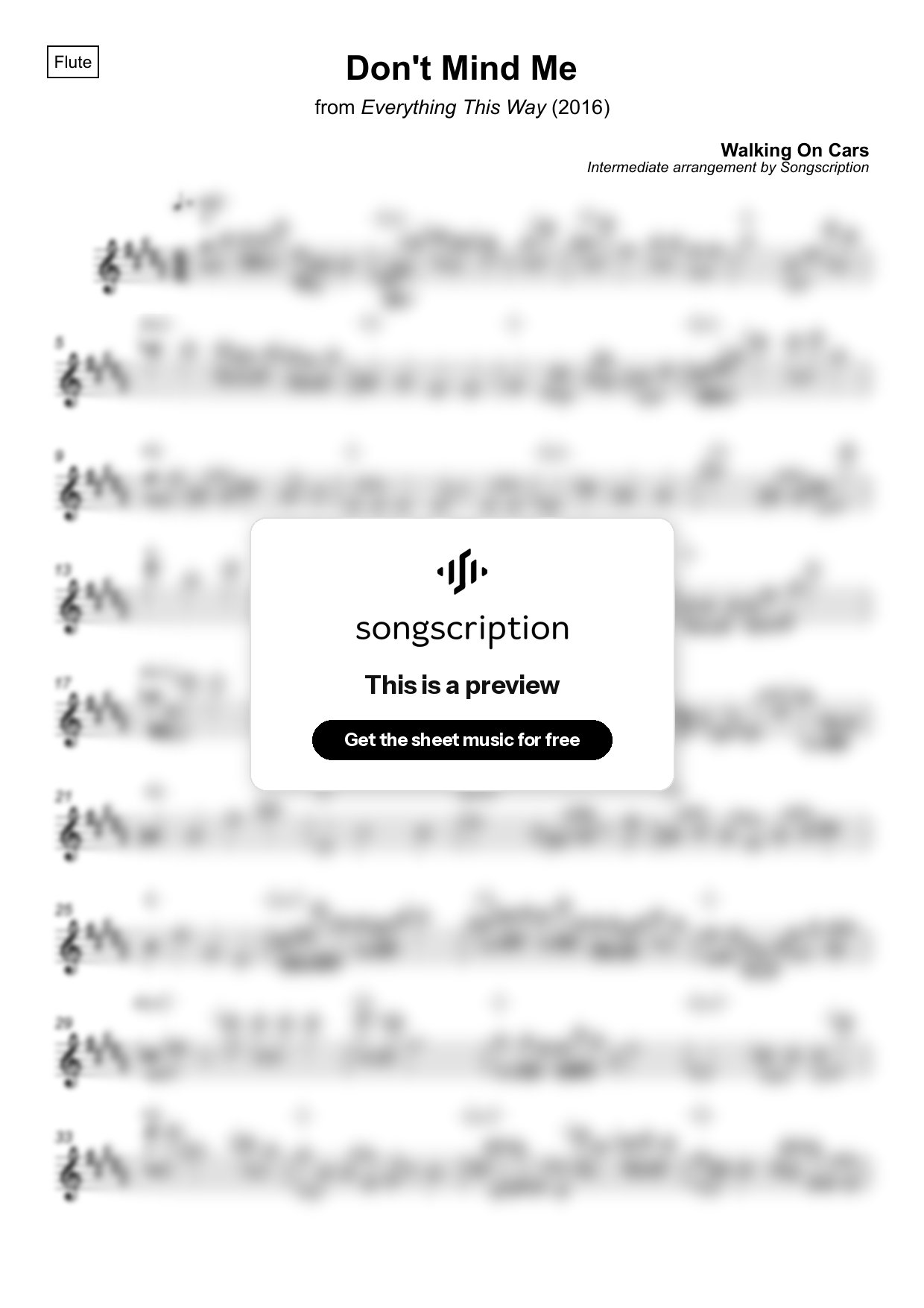 Intermediate Flute Sheet Music for "Don't Mind Me" by Walking On Cars