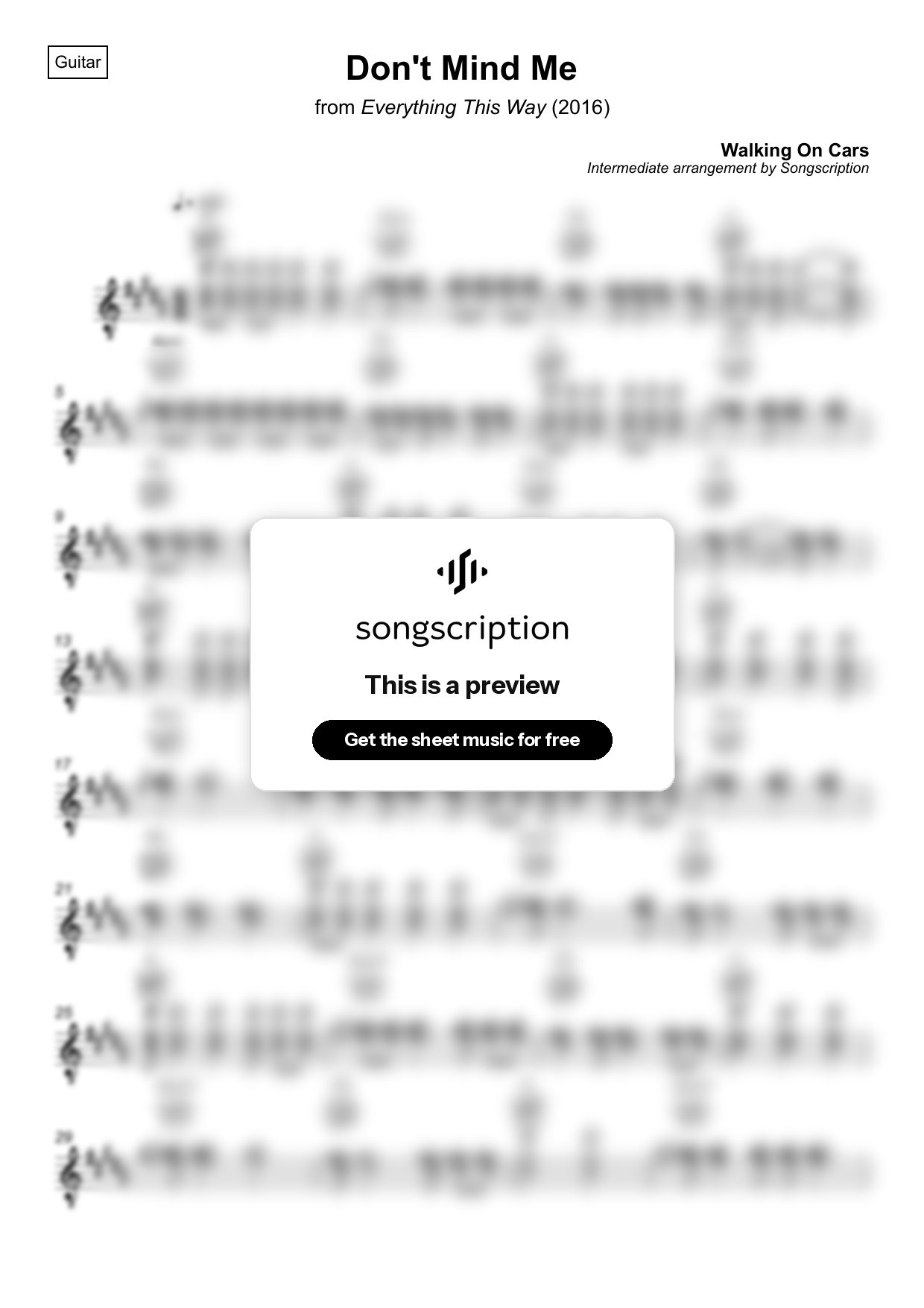 Intermediate Acoustic Guitar Sheet Music for "Don't Mind Me" by Walking On Cars