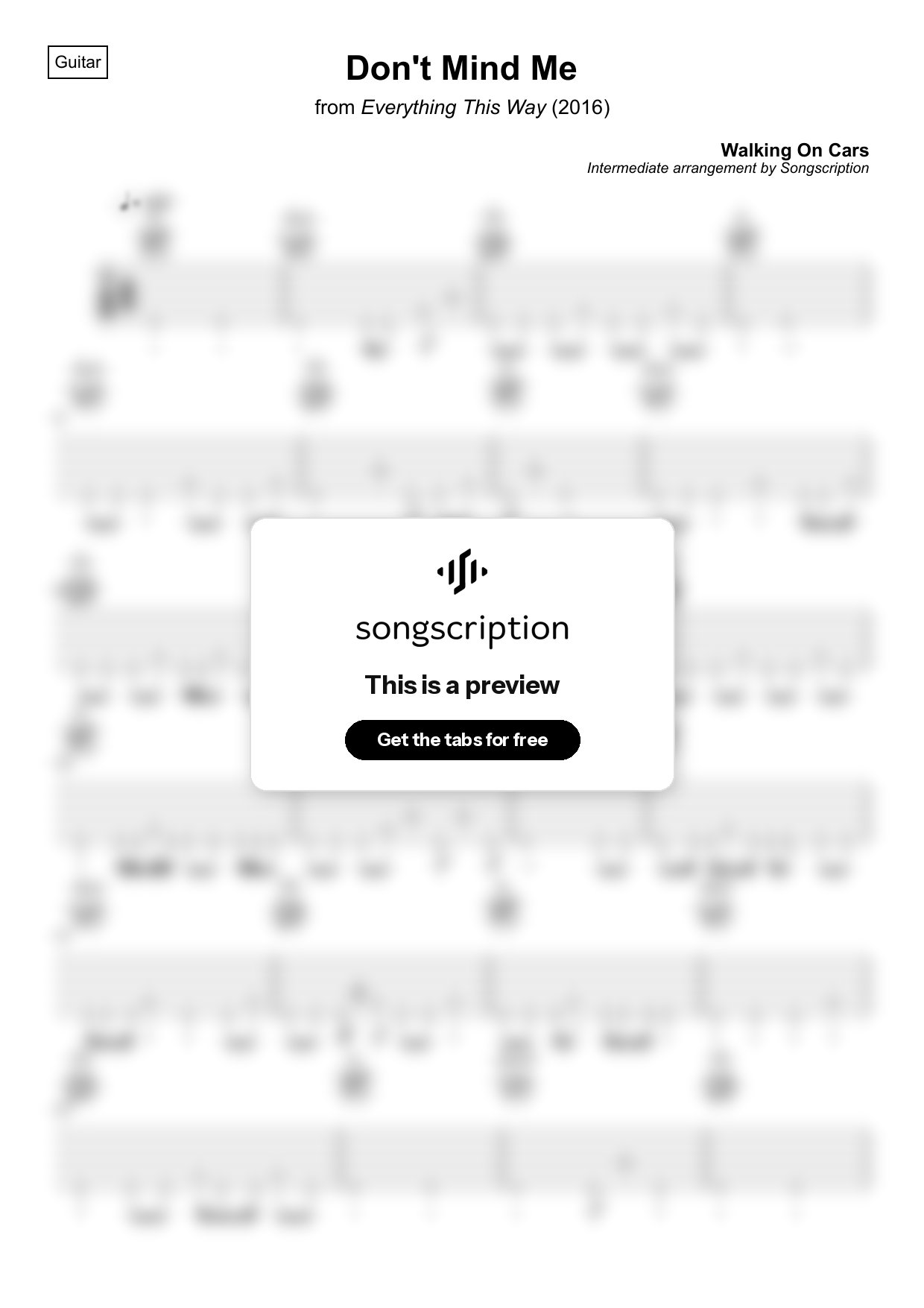 Intermediate Acoustic Guitar Tabs for "Don't Mind Me" by Walking On Cars