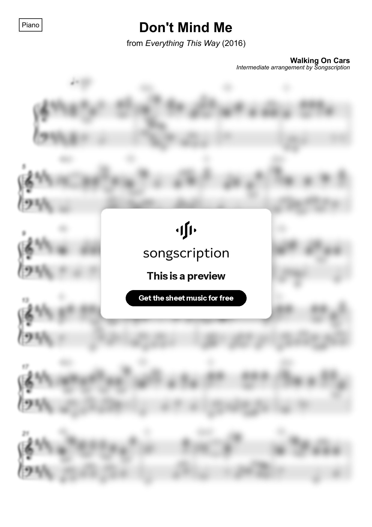 Intermediate Piano Sheet Music for "Don't Mind Me" by Walking On Cars