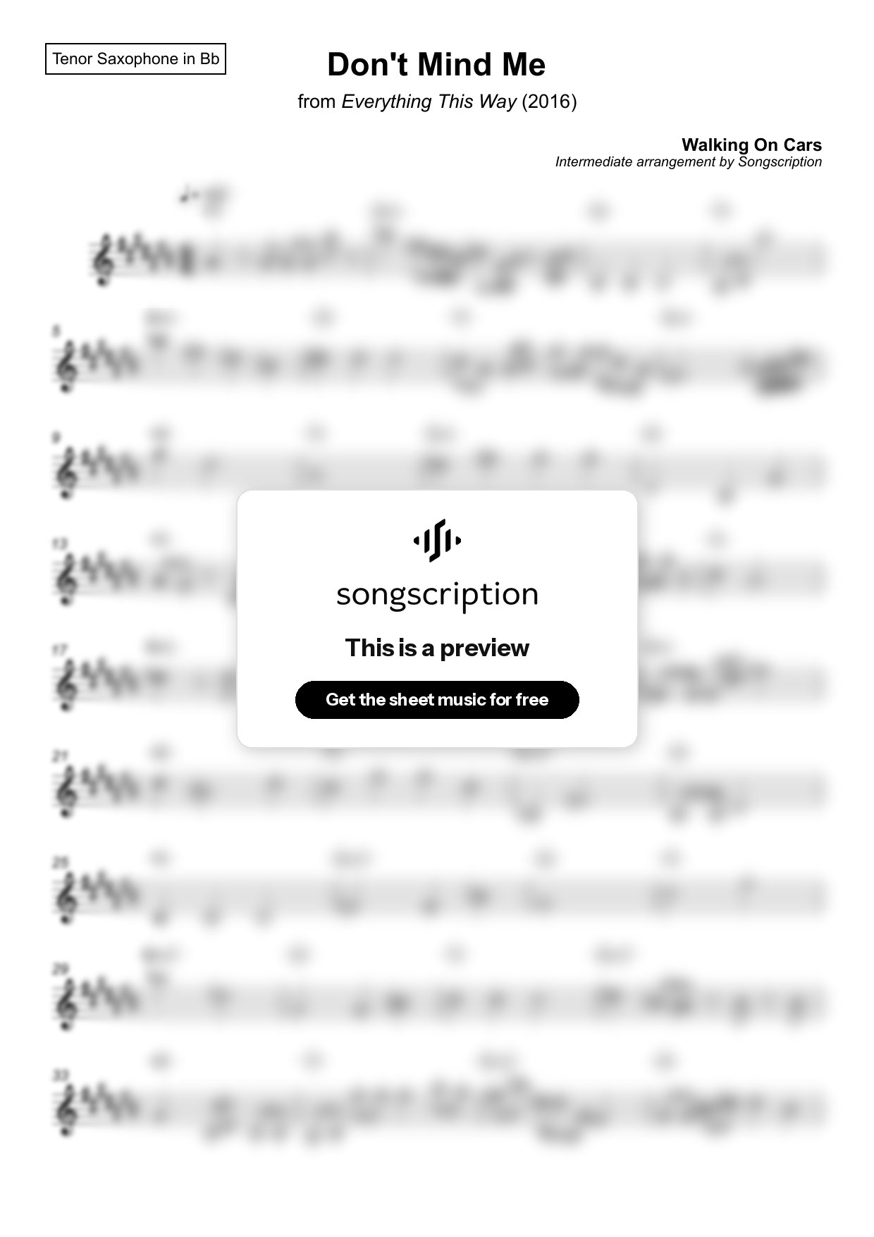 Intermediate Tenor Sax Sheet Music for "Don't Mind Me" by Walking On Cars