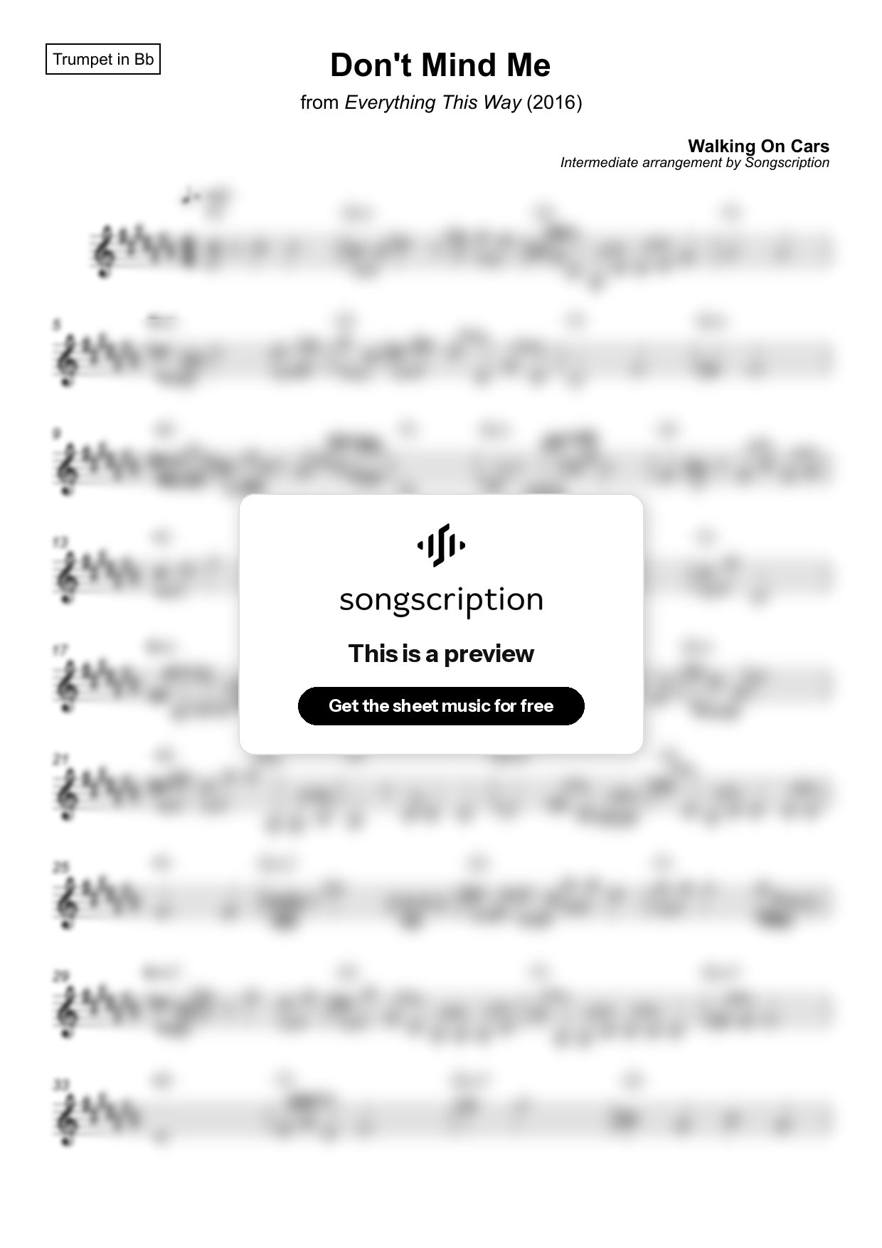 Intermediate Trumpet Sheet Music for "Don't Mind Me" by Walking On Cars