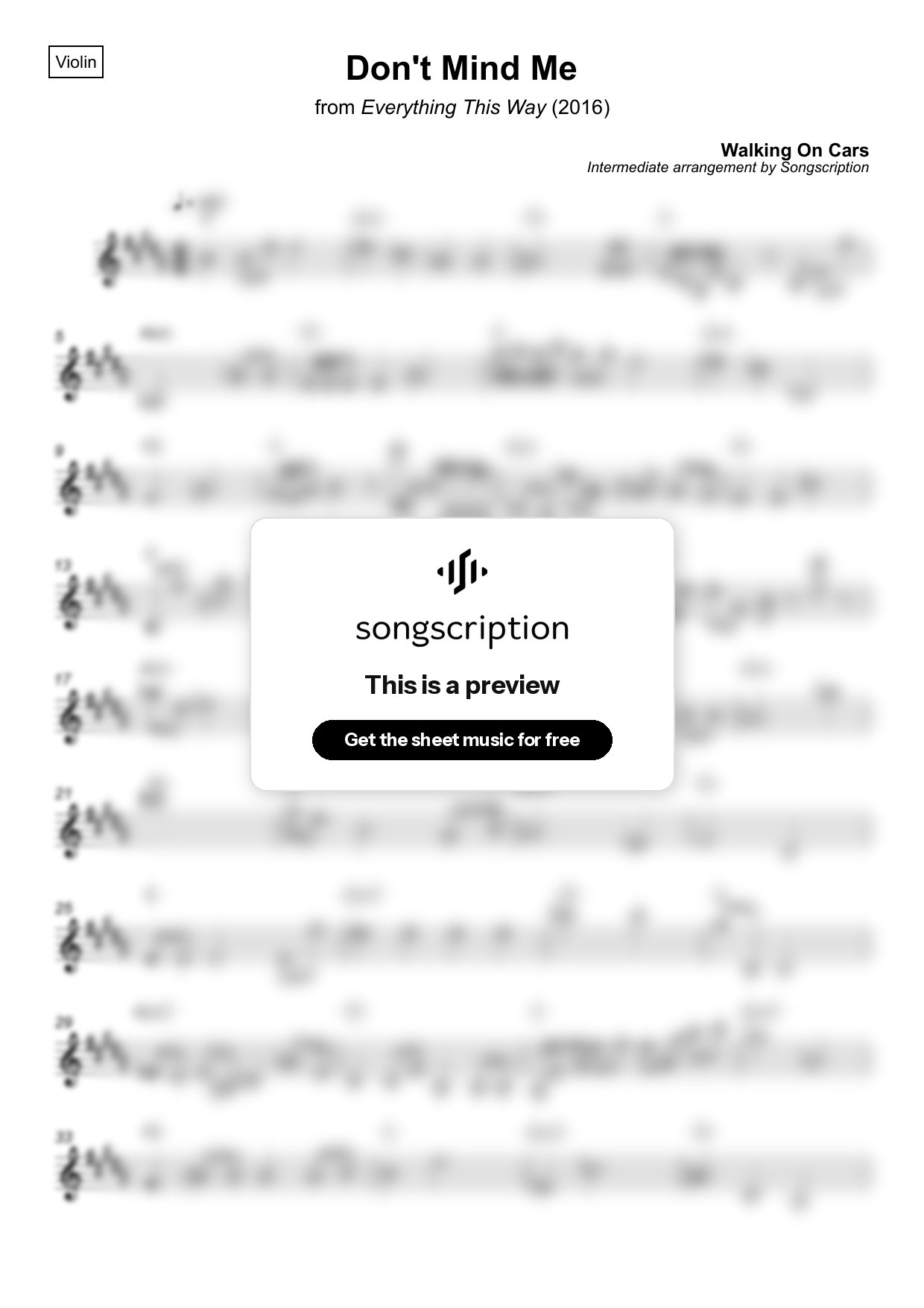 Intermediate Violin Sheet Music for "Don't Mind Me" by Walking On Cars