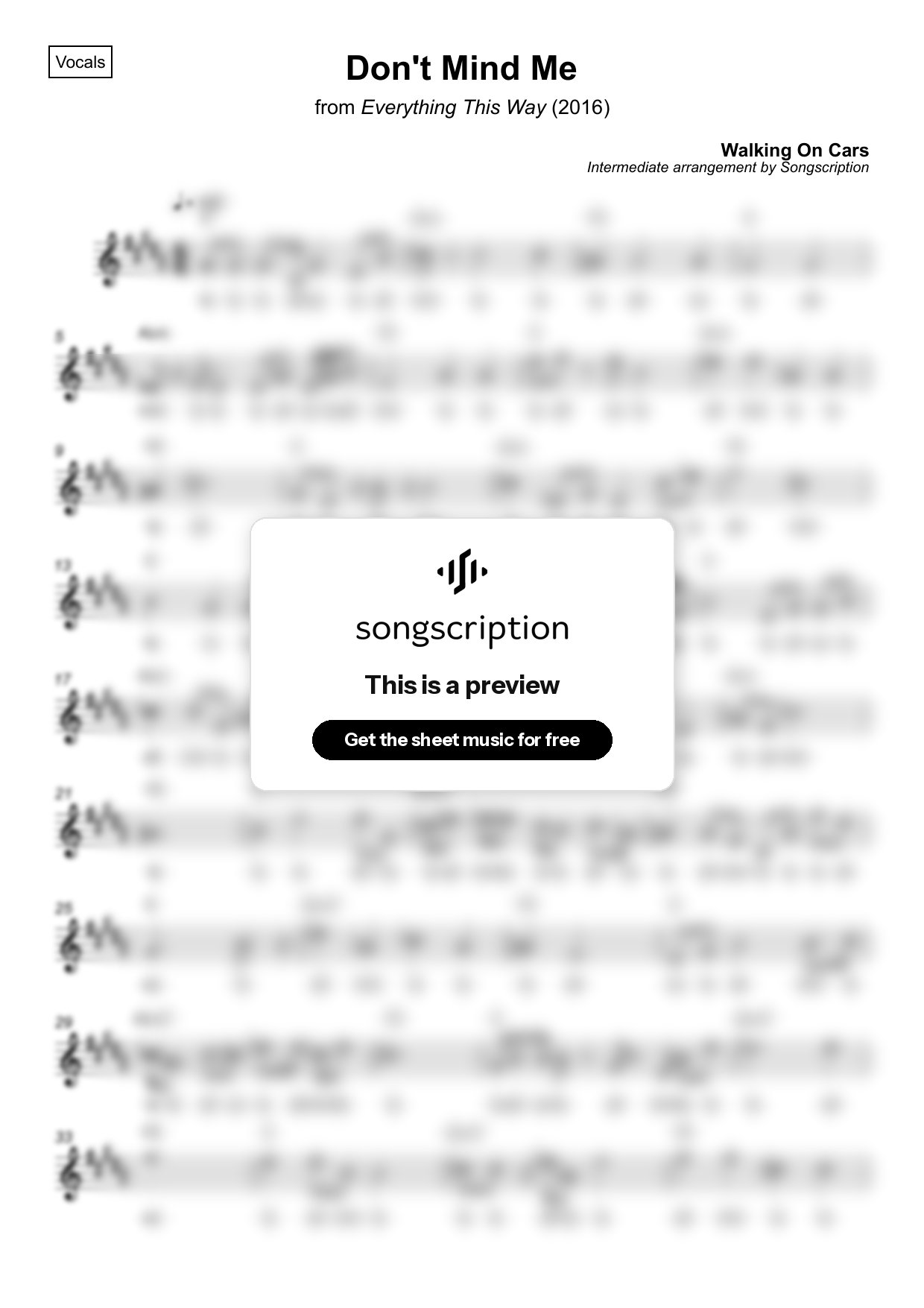 Intermediate Vocals Sheet Music for "Don't Mind Me" by Walking On Cars