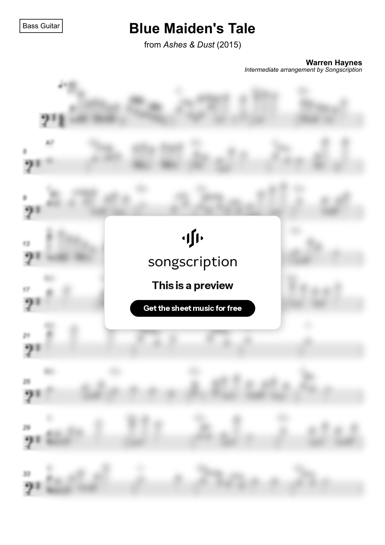 Intermediate Bass Guitar Sheet Music for "Blue Maiden's Tale" by Warren Haynes