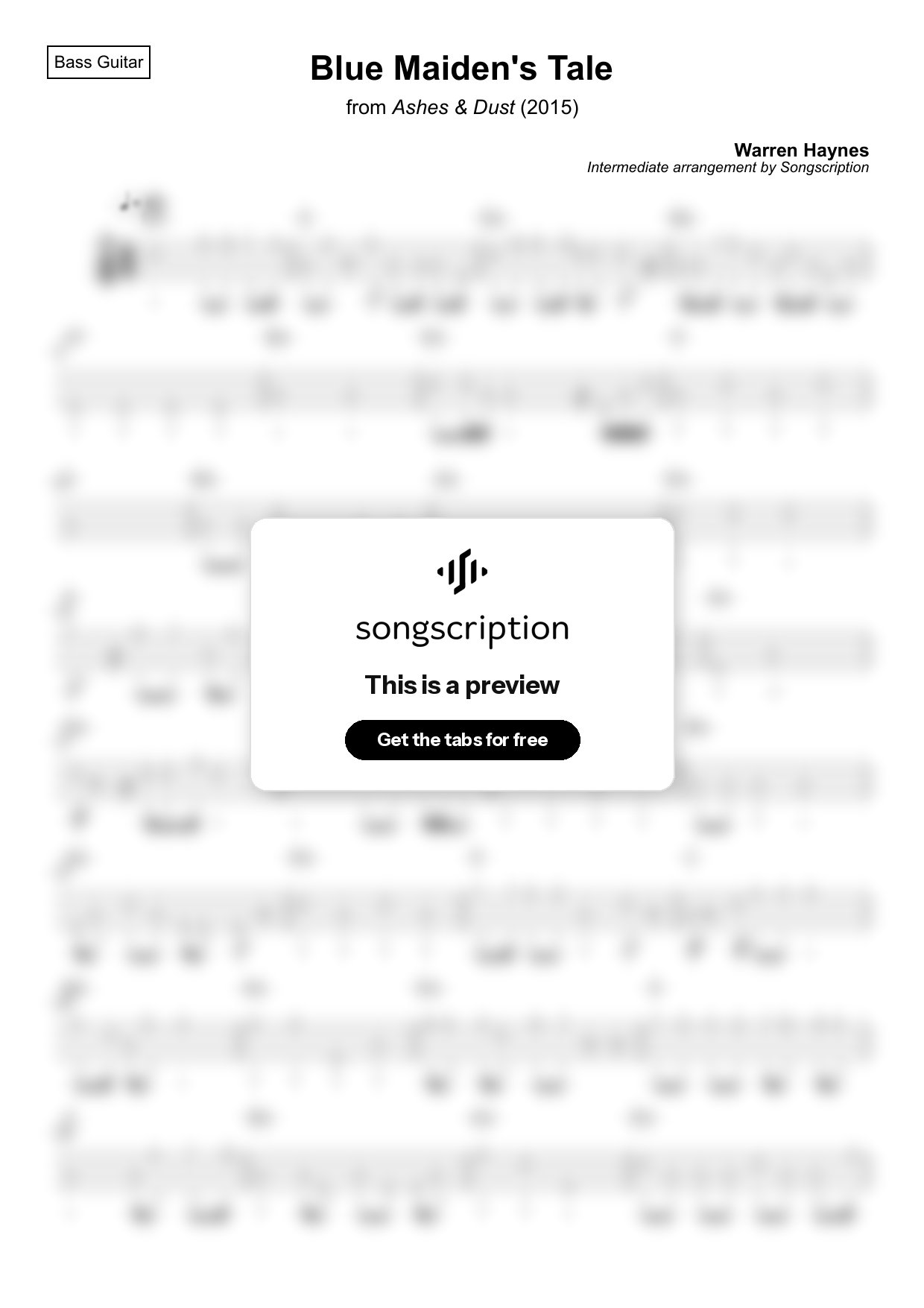 Intermediate Bass Guitar Tabs for "Blue Maiden's Tale" by Warren Haynes