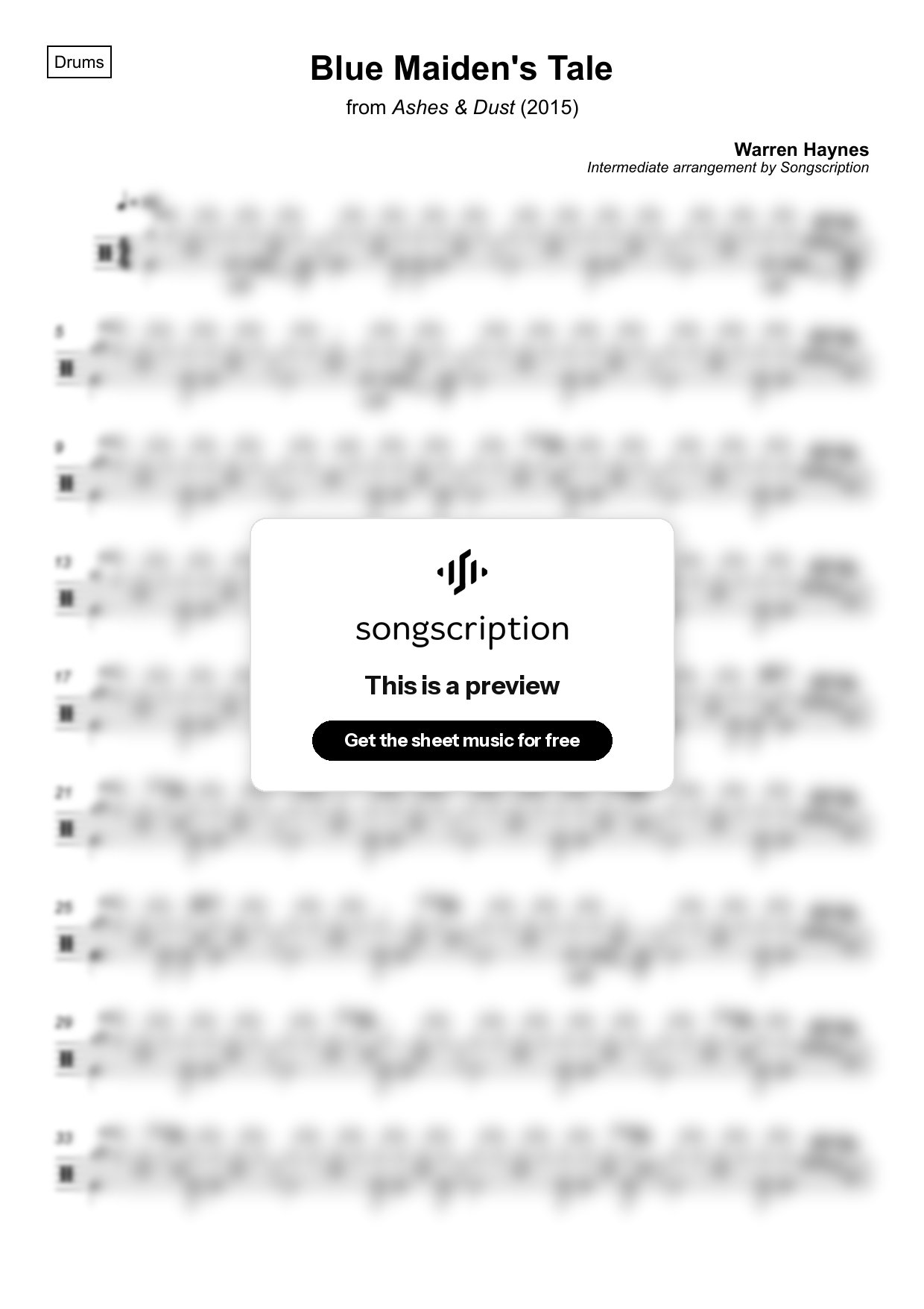 Intermediate Drums Sheet Music for "Blue Maiden's Tale" by Warren Haynes