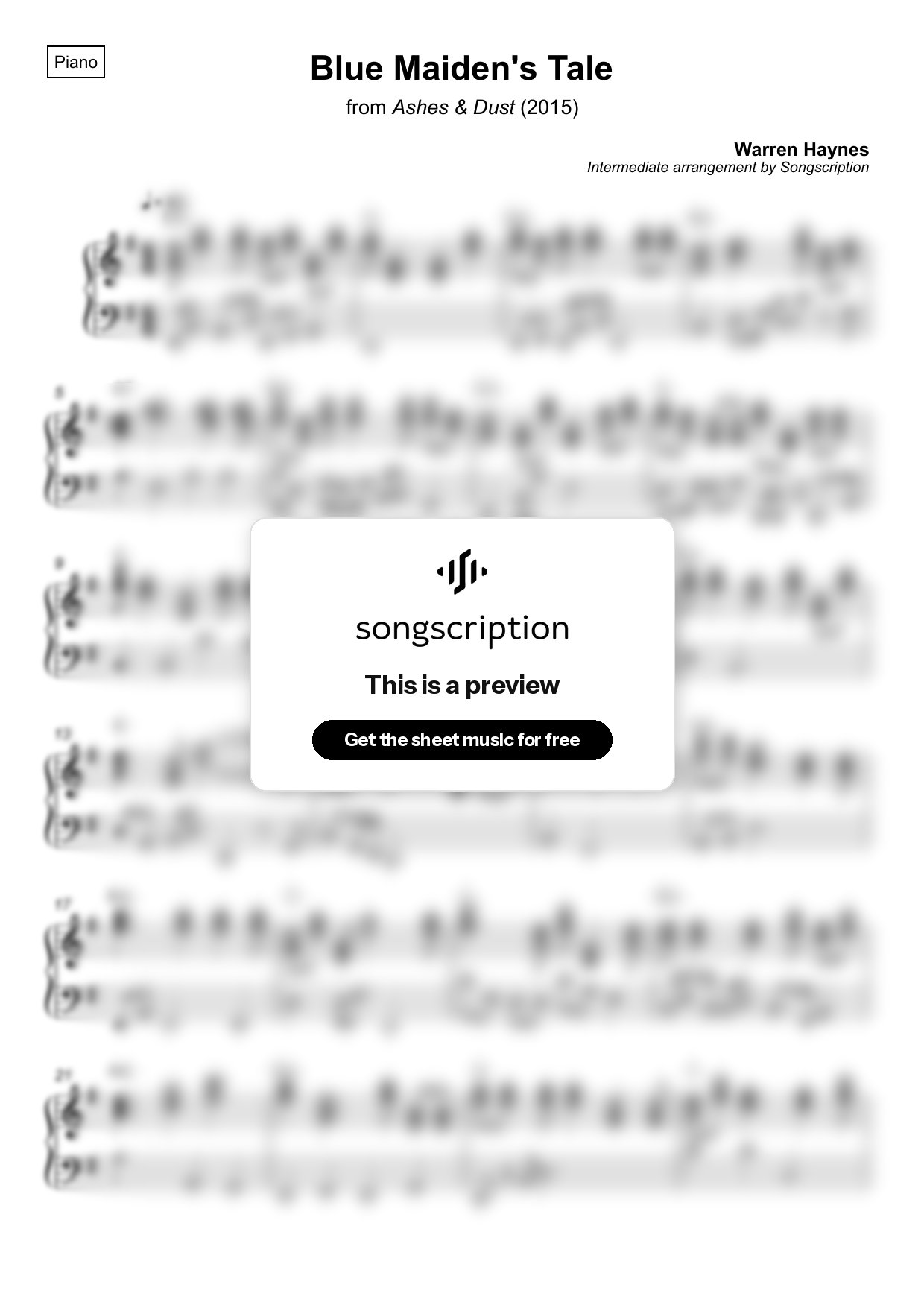 Intermediate Piano Sheet Music for "Blue Maiden's Tale" by Warren Haynes