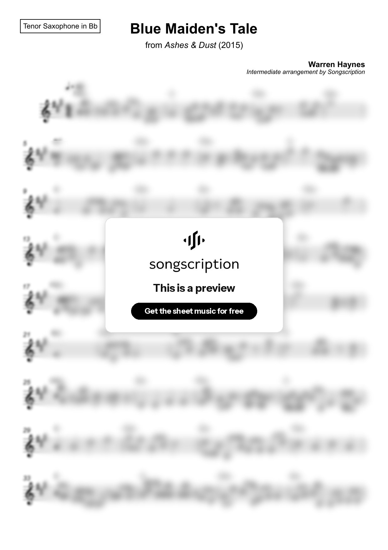 Intermediate Tenor Sax Sheet Music for "Blue Maiden's Tale" by Warren Haynes