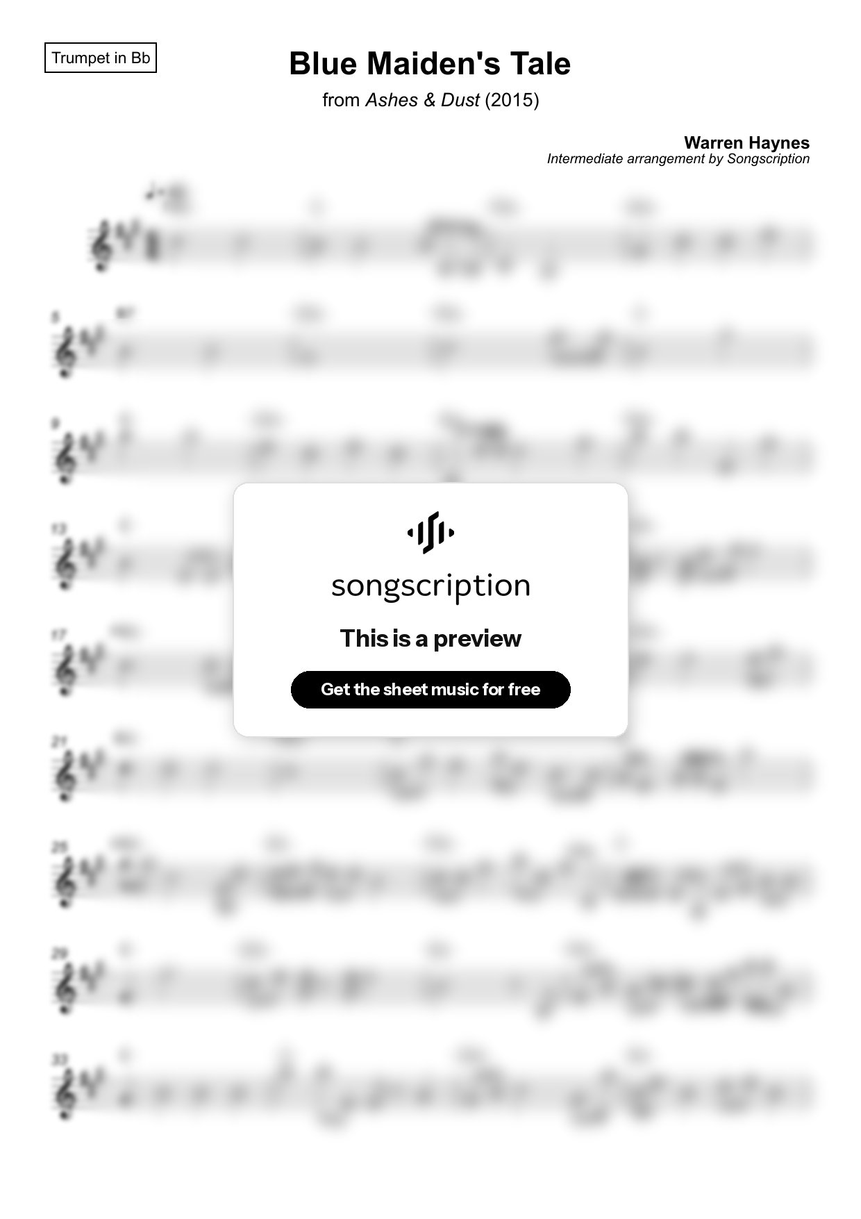 Intermediate Trumpet Sheet Music for "Blue Maiden's Tale" by Warren Haynes