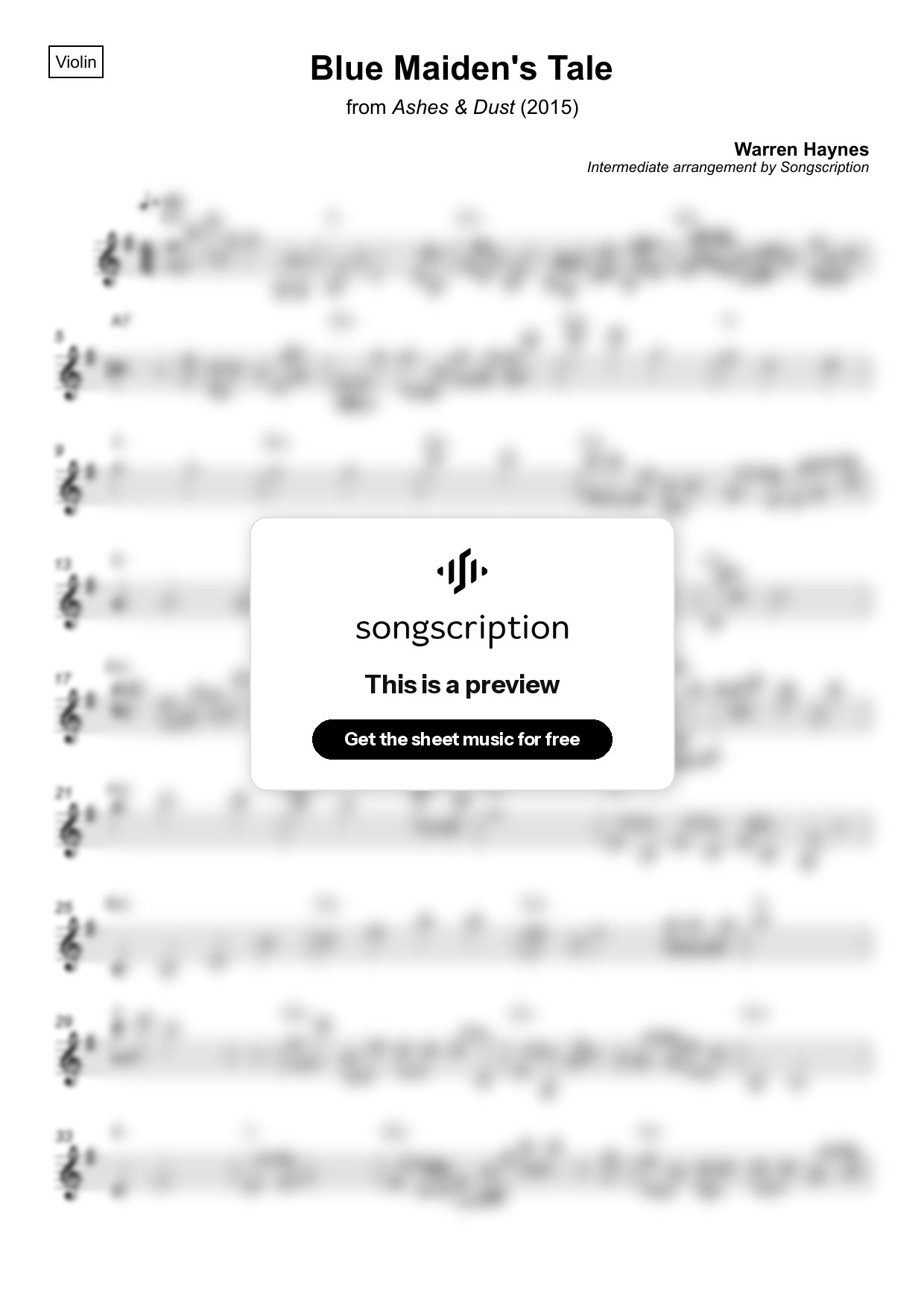 Intermediate Violin Sheet Music for "Blue Maiden's Tale" by Warren Haynes