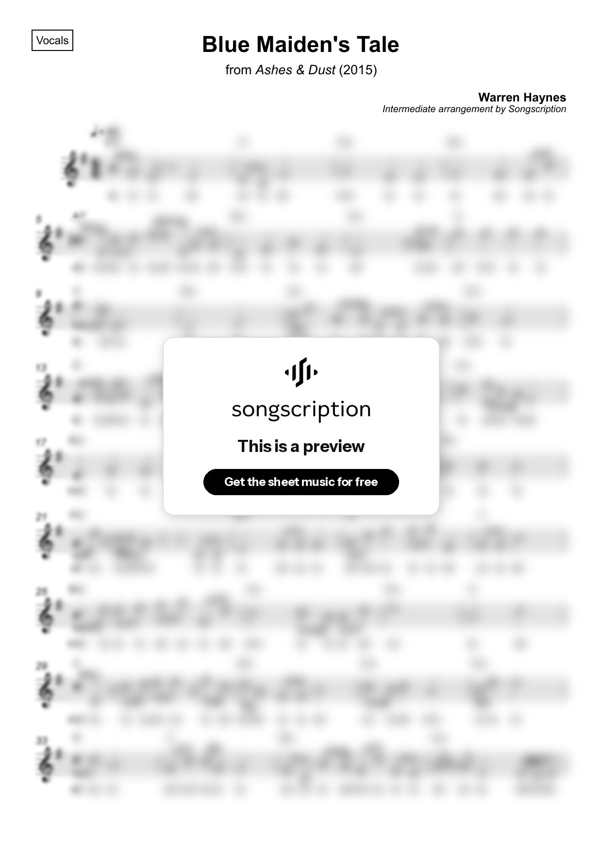 Intermediate Vocals Sheet Music for "Blue Maiden's Tale" by Warren Haynes