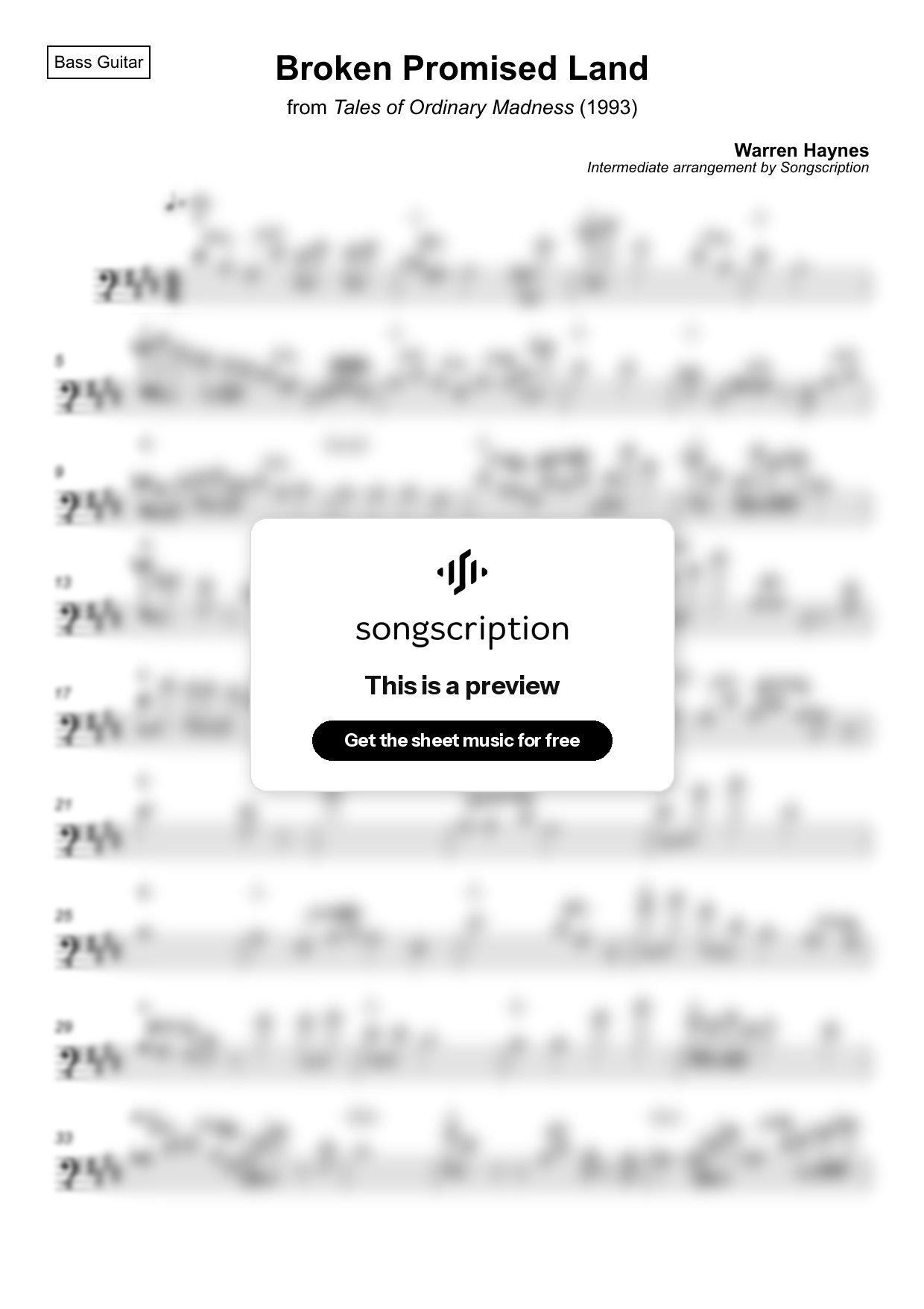 Intermediate Bass Guitar Sheet Music for "Broken Promised Land" by Warren Haynes