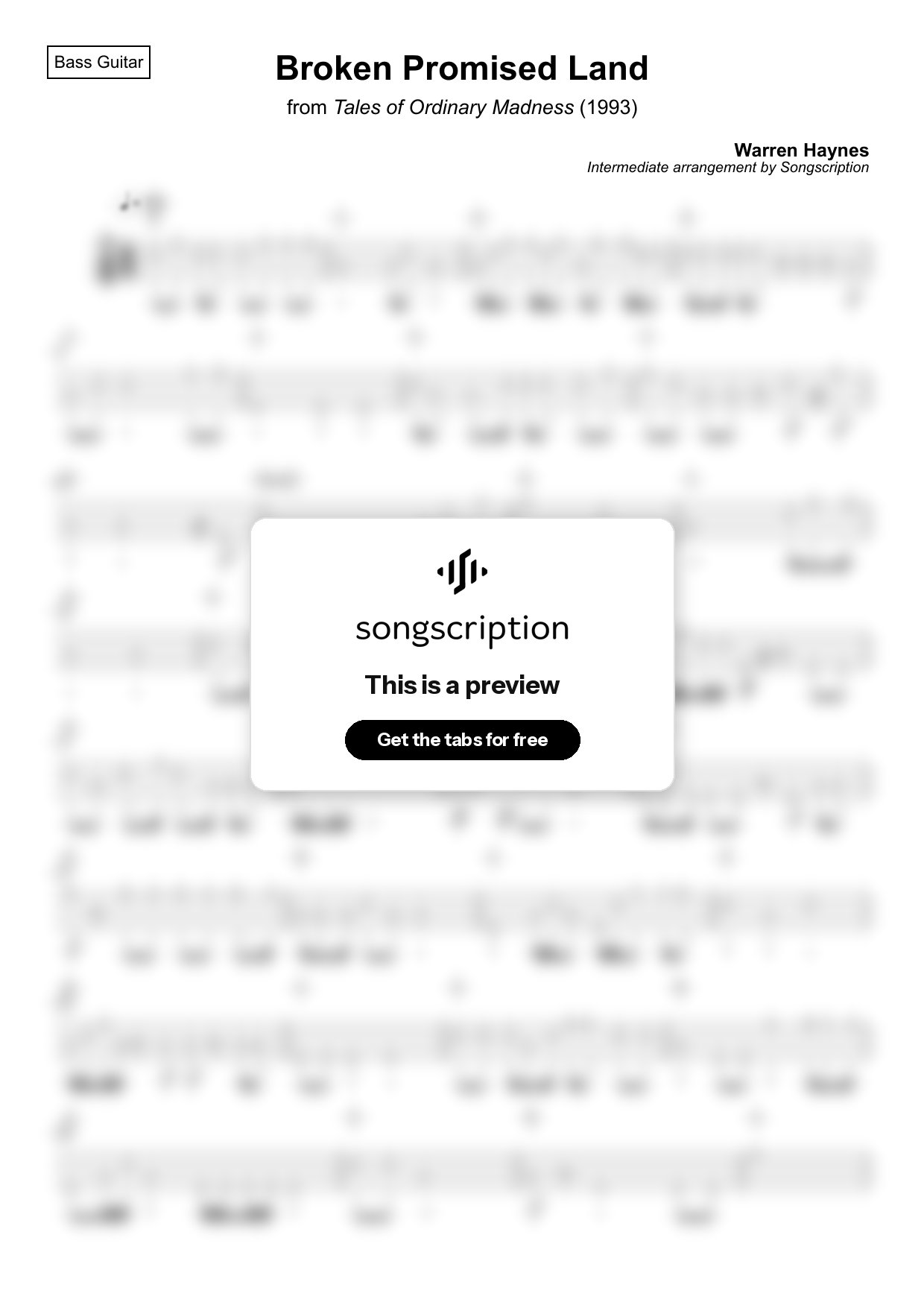 Intermediate Bass Guitar Tabs for "Broken Promised Land" by Warren Haynes