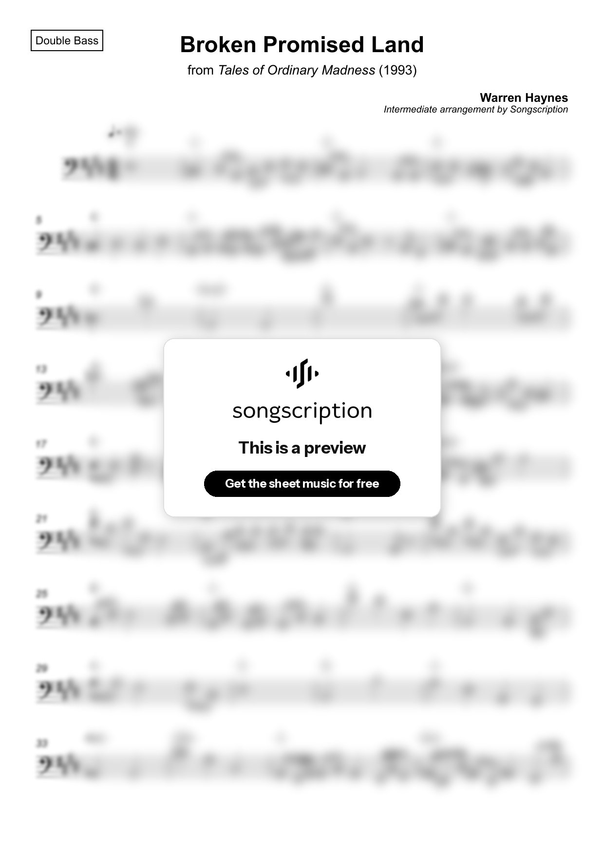 Intermediate Double Bass Sheet Music for "Broken Promised Land" by Warren Haynes