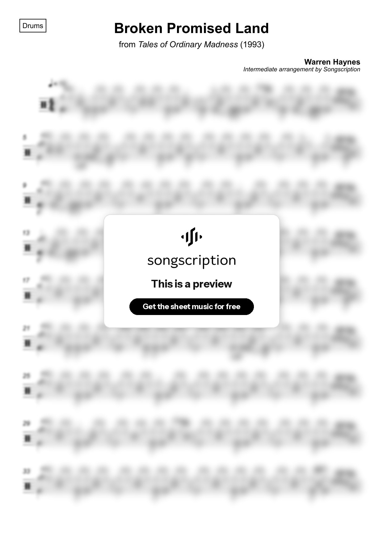 Intermediate Drums Sheet Music for "Broken Promised Land" by Warren Haynes