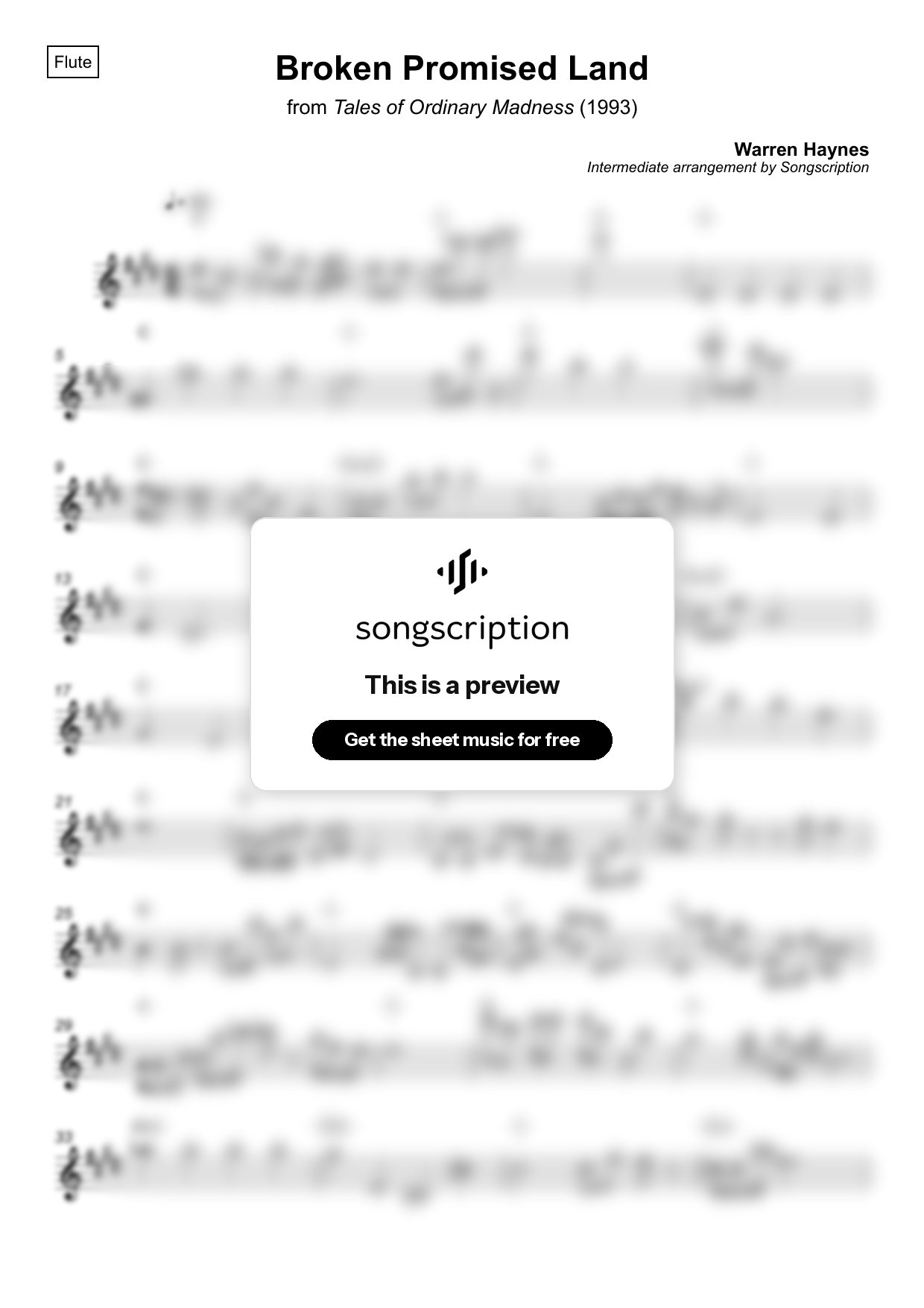 Intermediate Flute Sheet Music for "Broken Promised Land" by Warren Haynes