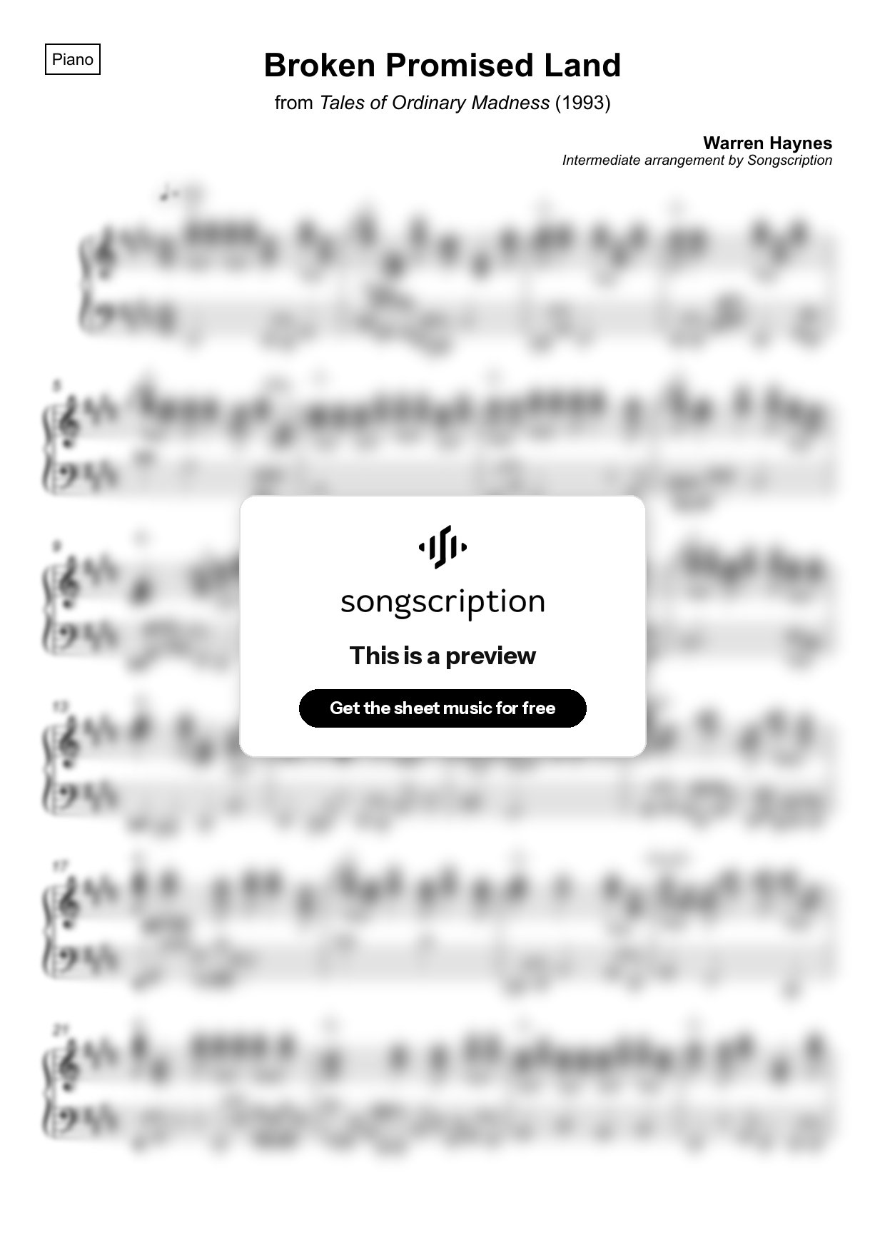 Intermediate Piano Sheet Music for "Broken Promised Land" by Warren Haynes