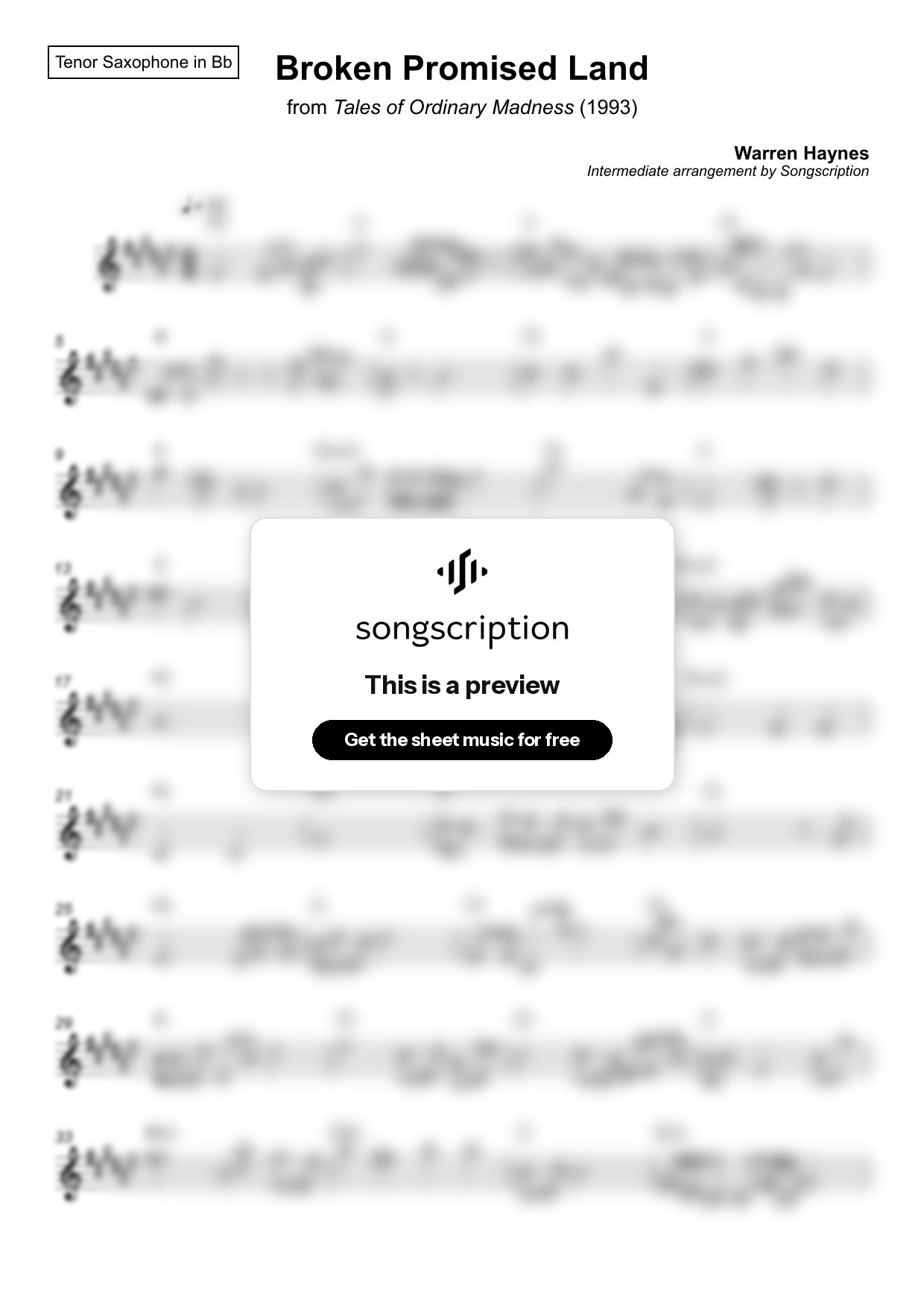 Intermediate Tenor Sax Sheet Music for "Broken Promised Land" by Warren Haynes