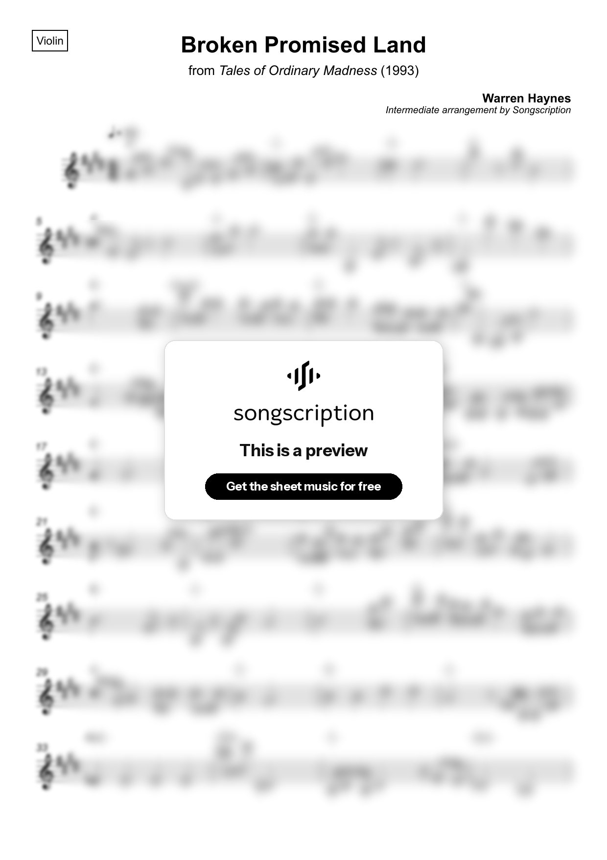 Intermediate Violin Sheet Music for "Broken Promised Land" by Warren Haynes