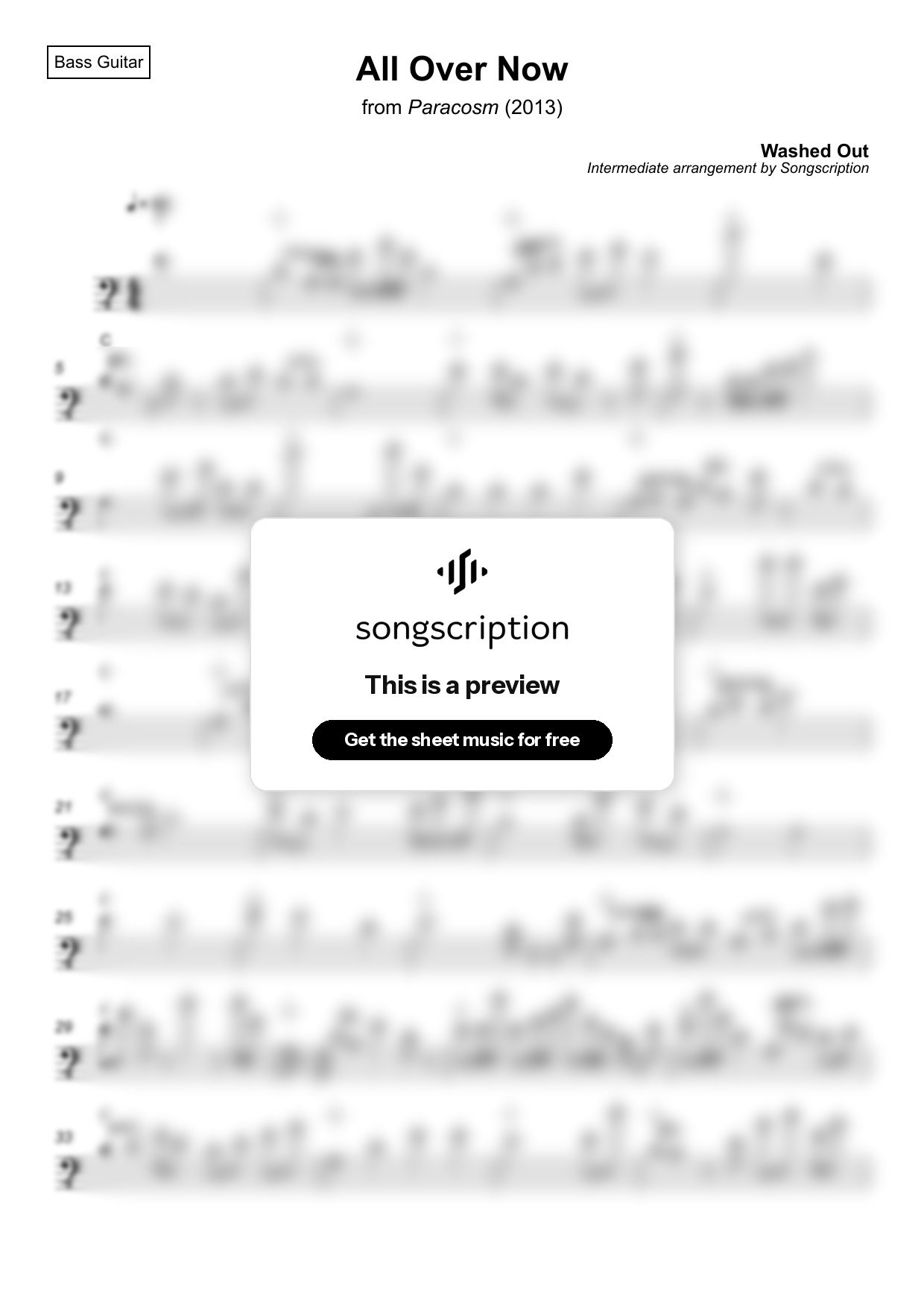 Intermediate Bass Guitar Sheet Music for "All Over Now" by Washed Out
