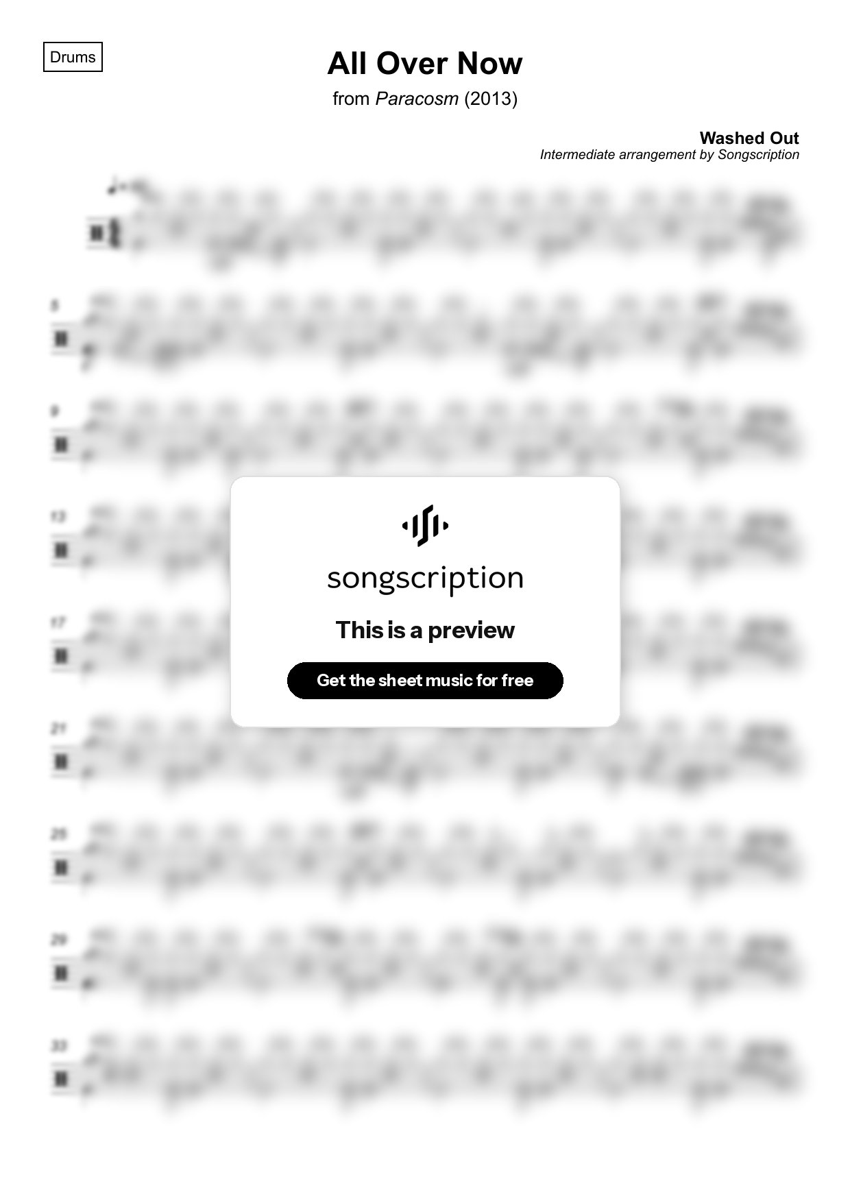 Intermediate Drums Sheet Music for "All Over Now" by Washed Out