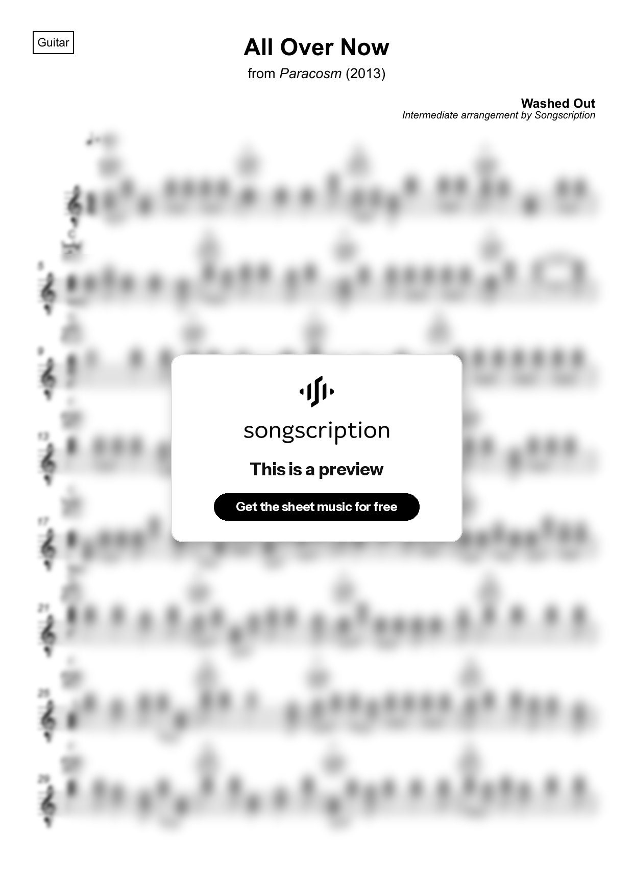 Intermediate Acoustic Guitar Sheet Music for "All Over Now" by Washed Out