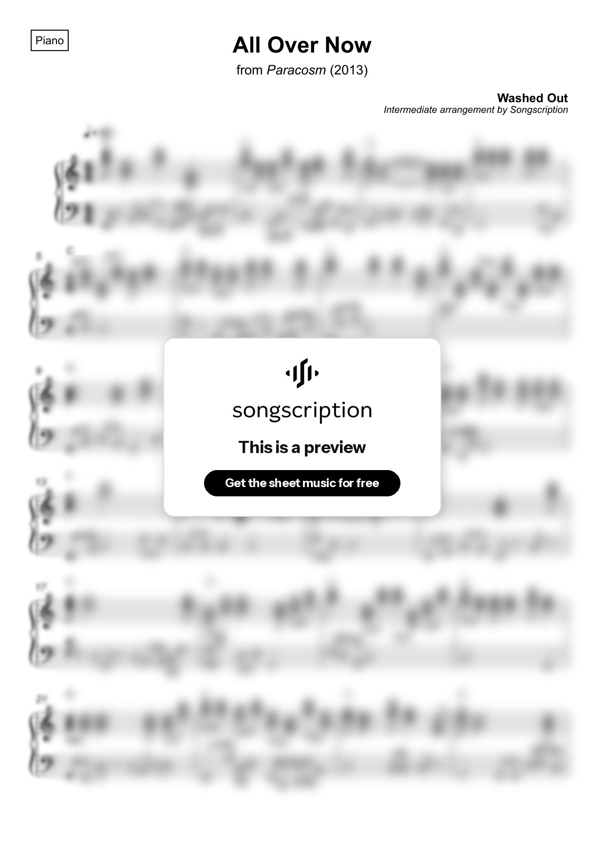 Intermediate Piano Sheet Music for "All Over Now" by Washed Out