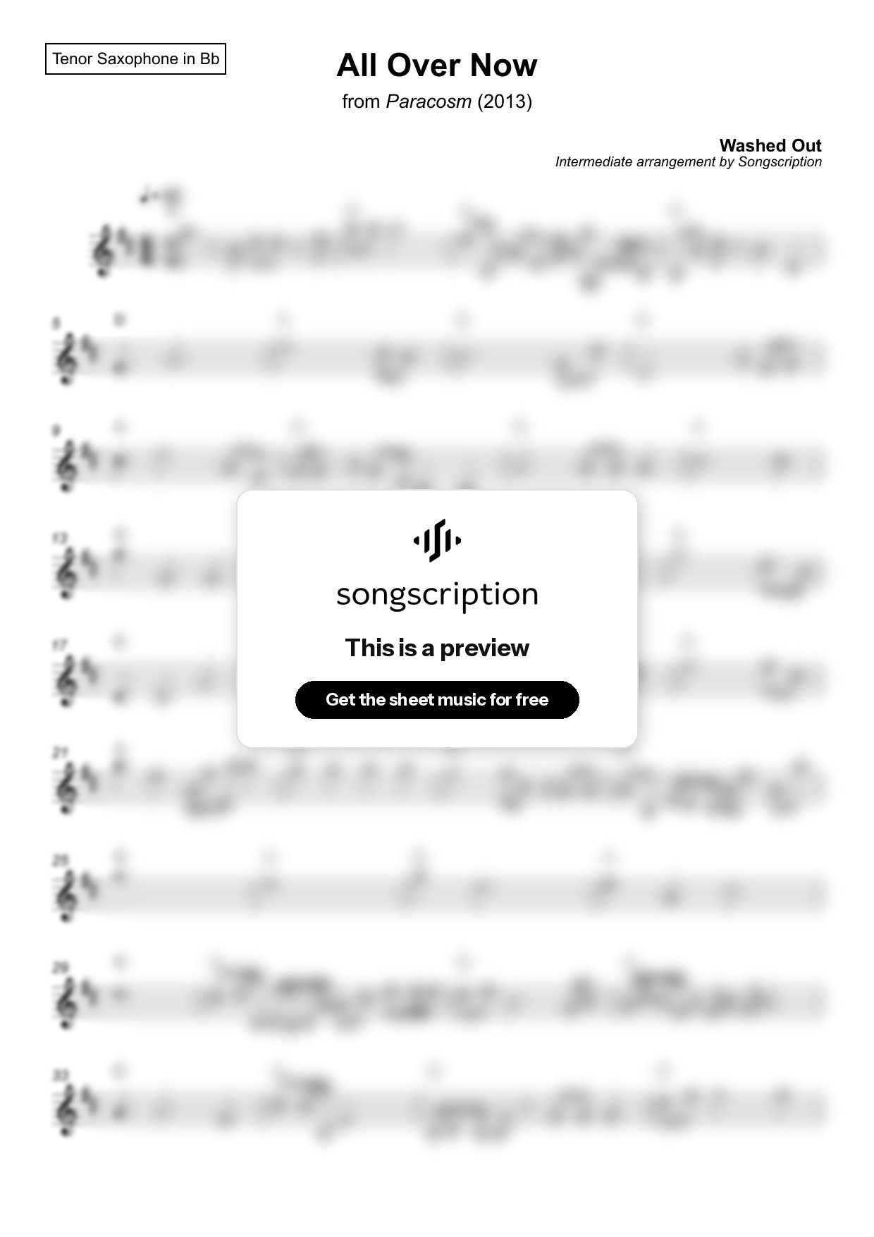 Intermediate Tenor Sax Sheet Music for "All Over Now" by Washed Out