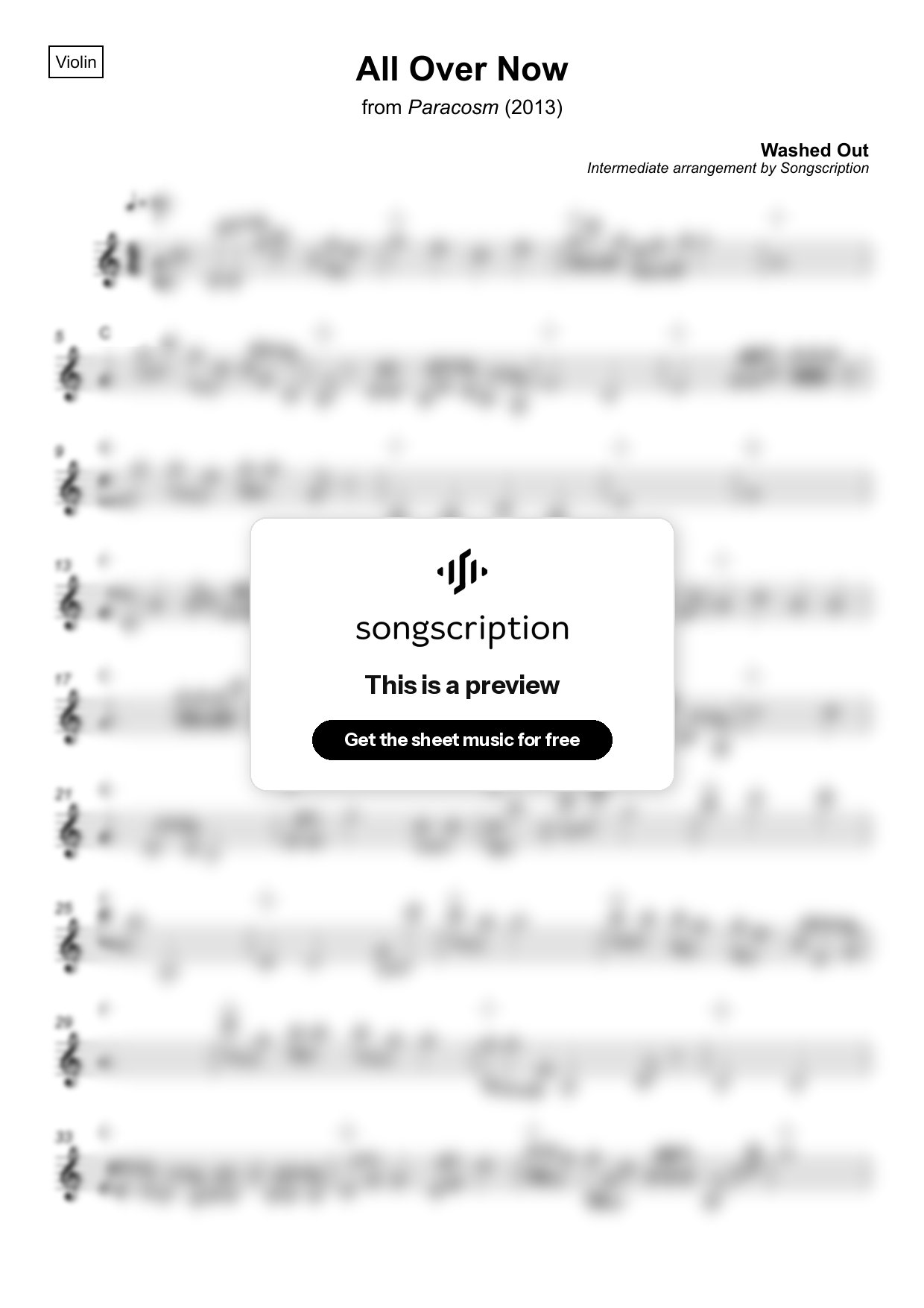 Intermediate Violin Sheet Music for "All Over Now" by Washed Out