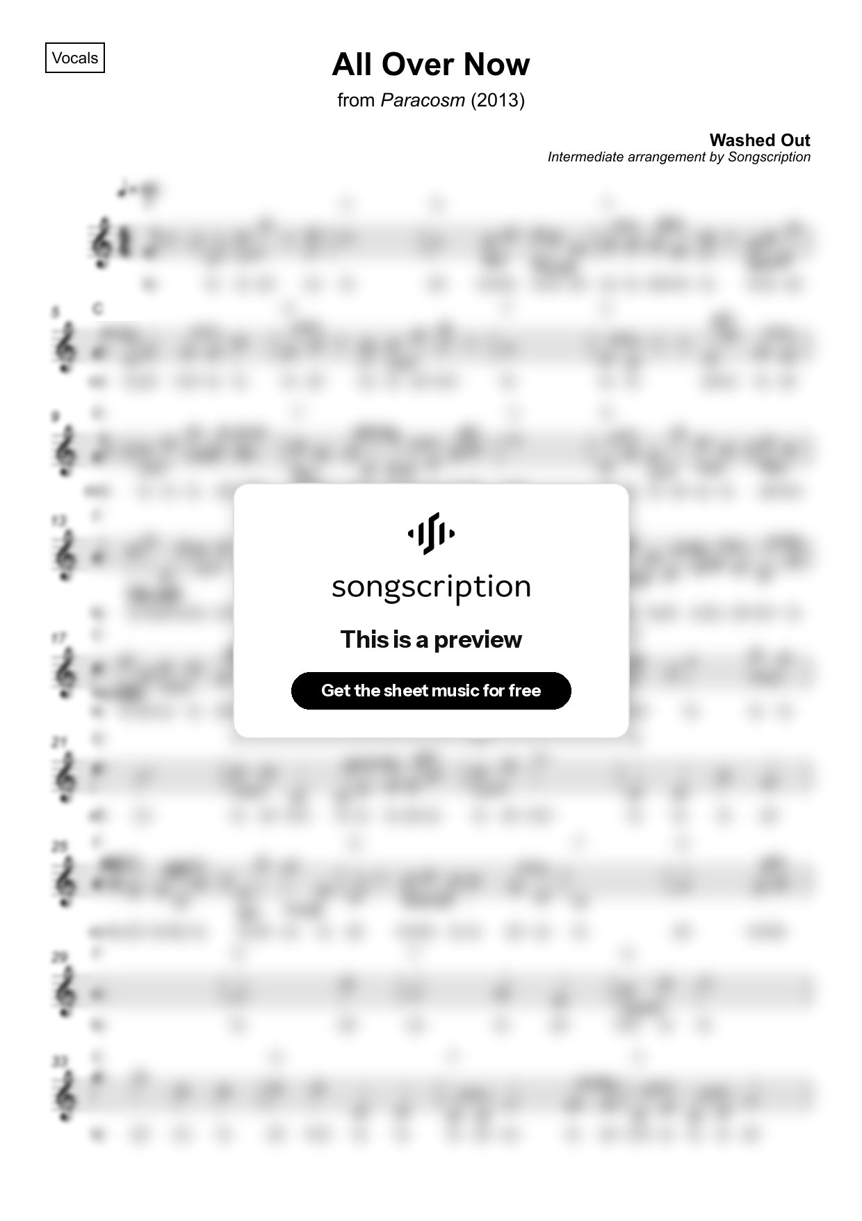 Intermediate Vocals Sheet Music for "All Over Now" by Washed Out