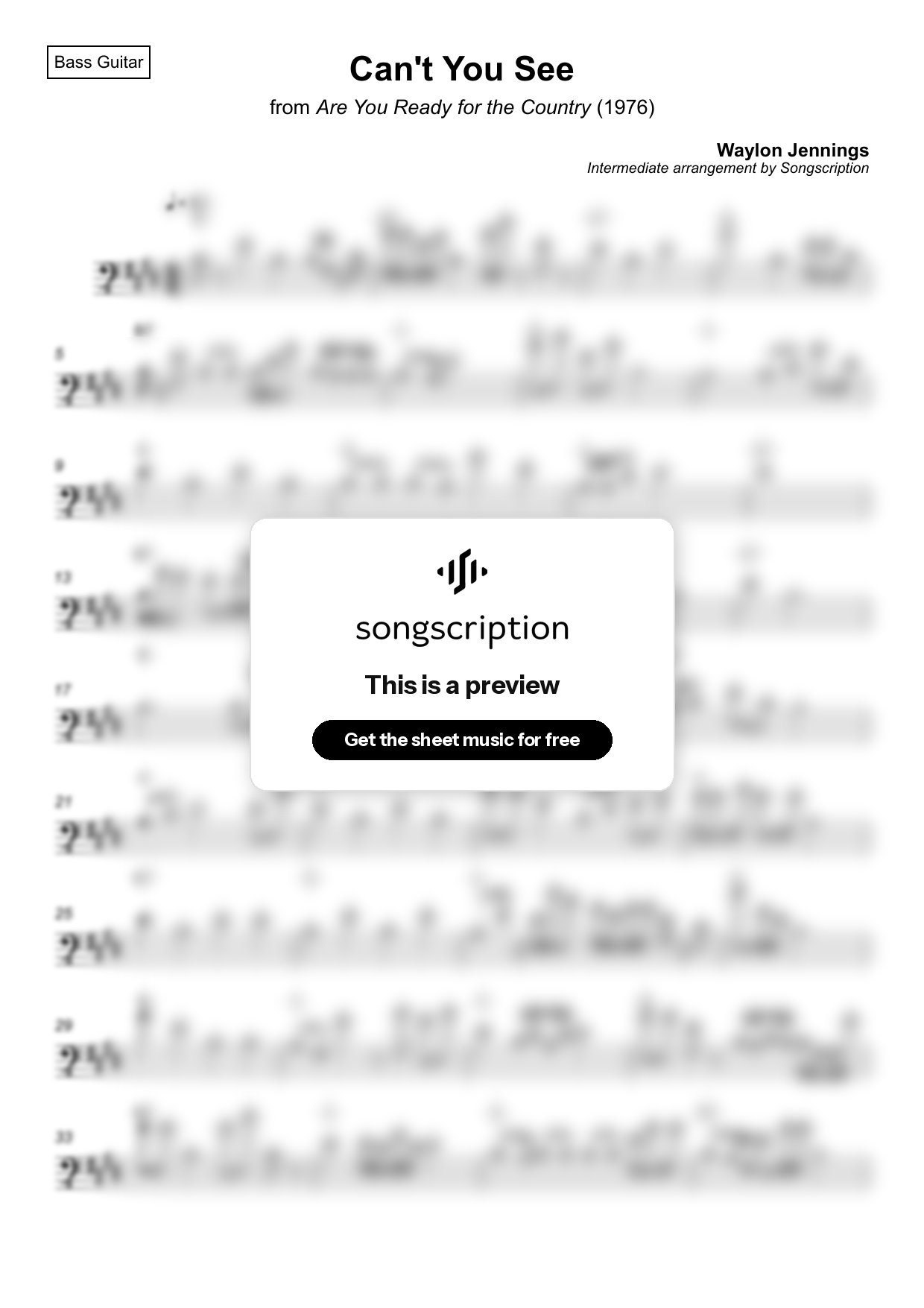 Intermediate Bass Guitar Sheet Music for "Can't You See" by Waylon Jennings