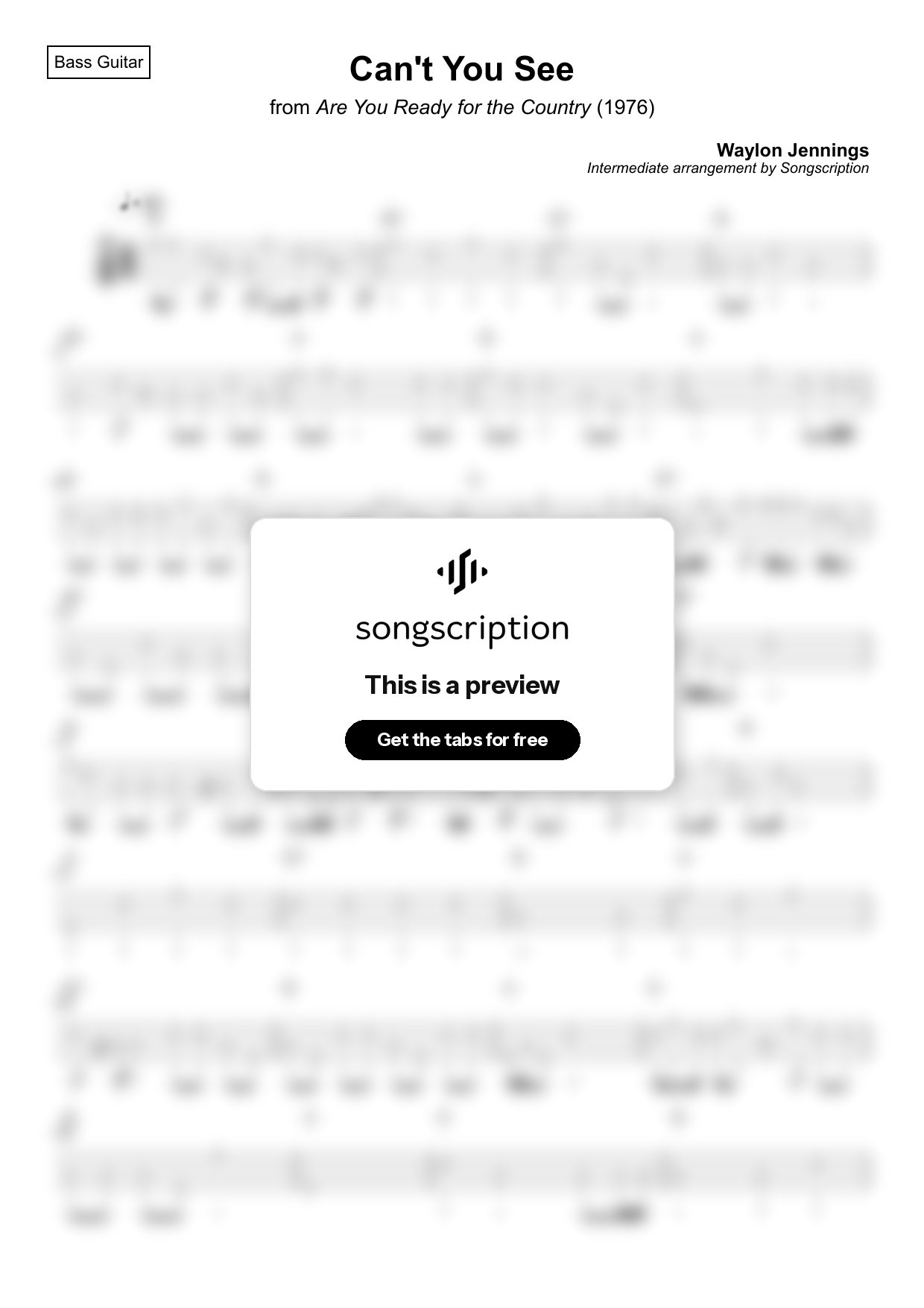 Intermediate Bass Guitar Tabs for "Can't You See" by Waylon Jennings