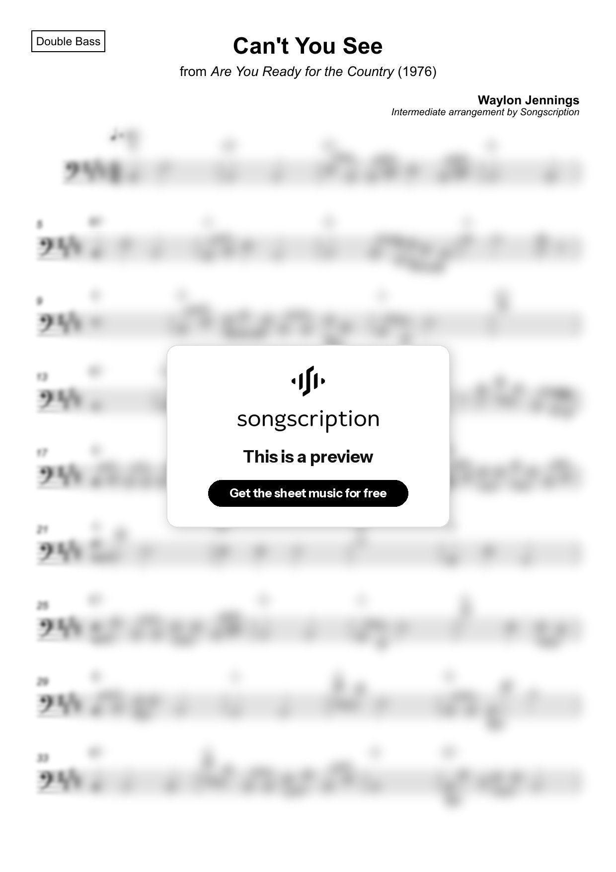 Intermediate Double Bass Sheet Music for "Can't You See" by Waylon Jennings