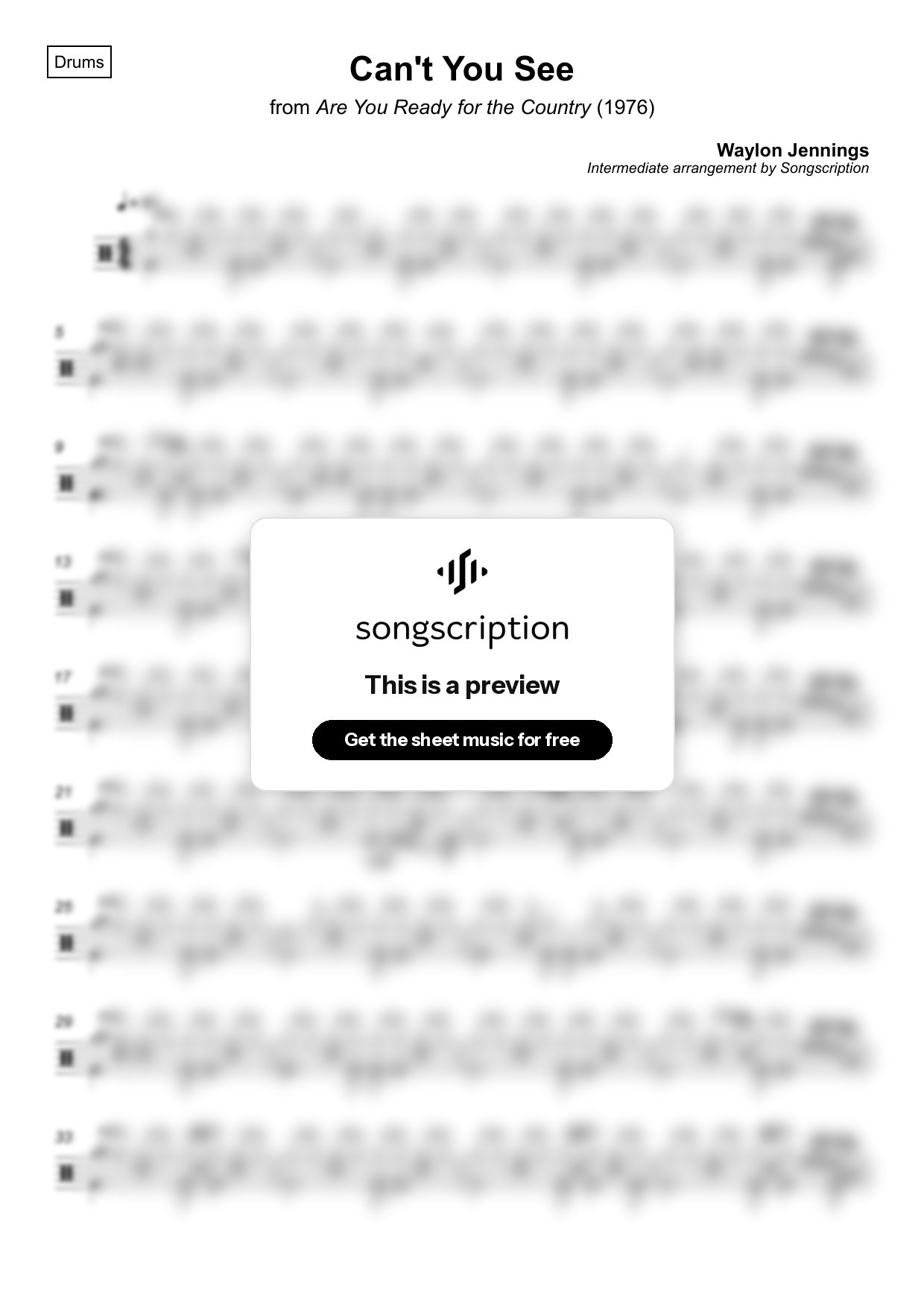 Intermediate Drums Sheet Music for "Can't You See" by Waylon Jennings