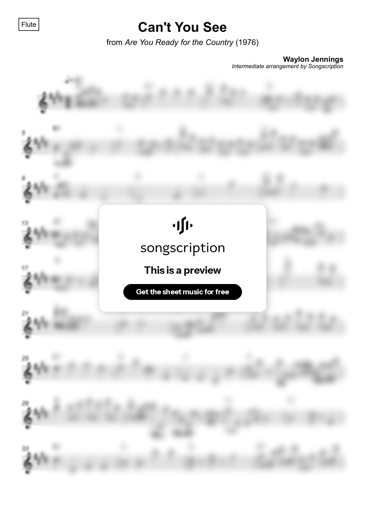 Intermediate Flute Sheet Music for "Can't You See" by Waylon Jennings
