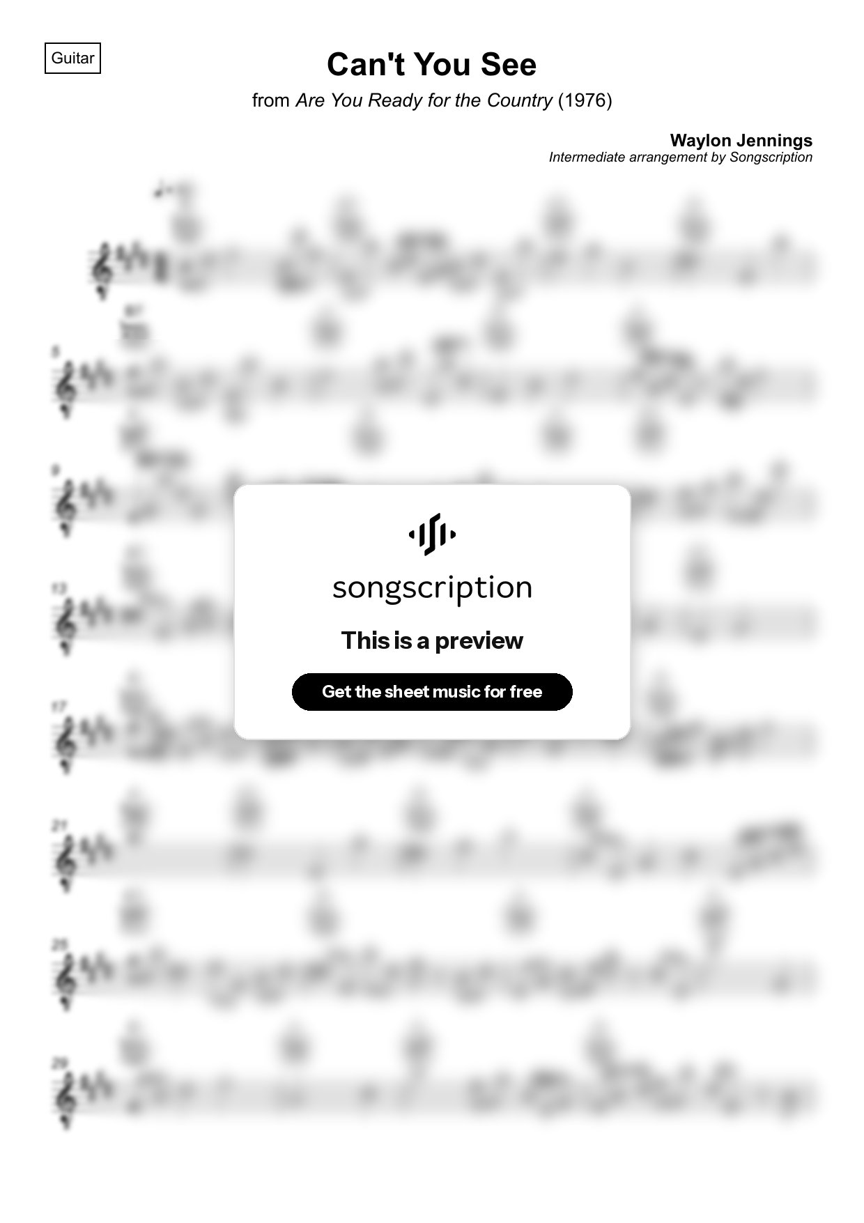 Intermediate Acoustic Guitar Sheet Music for "Can't You See" by Waylon Jennings