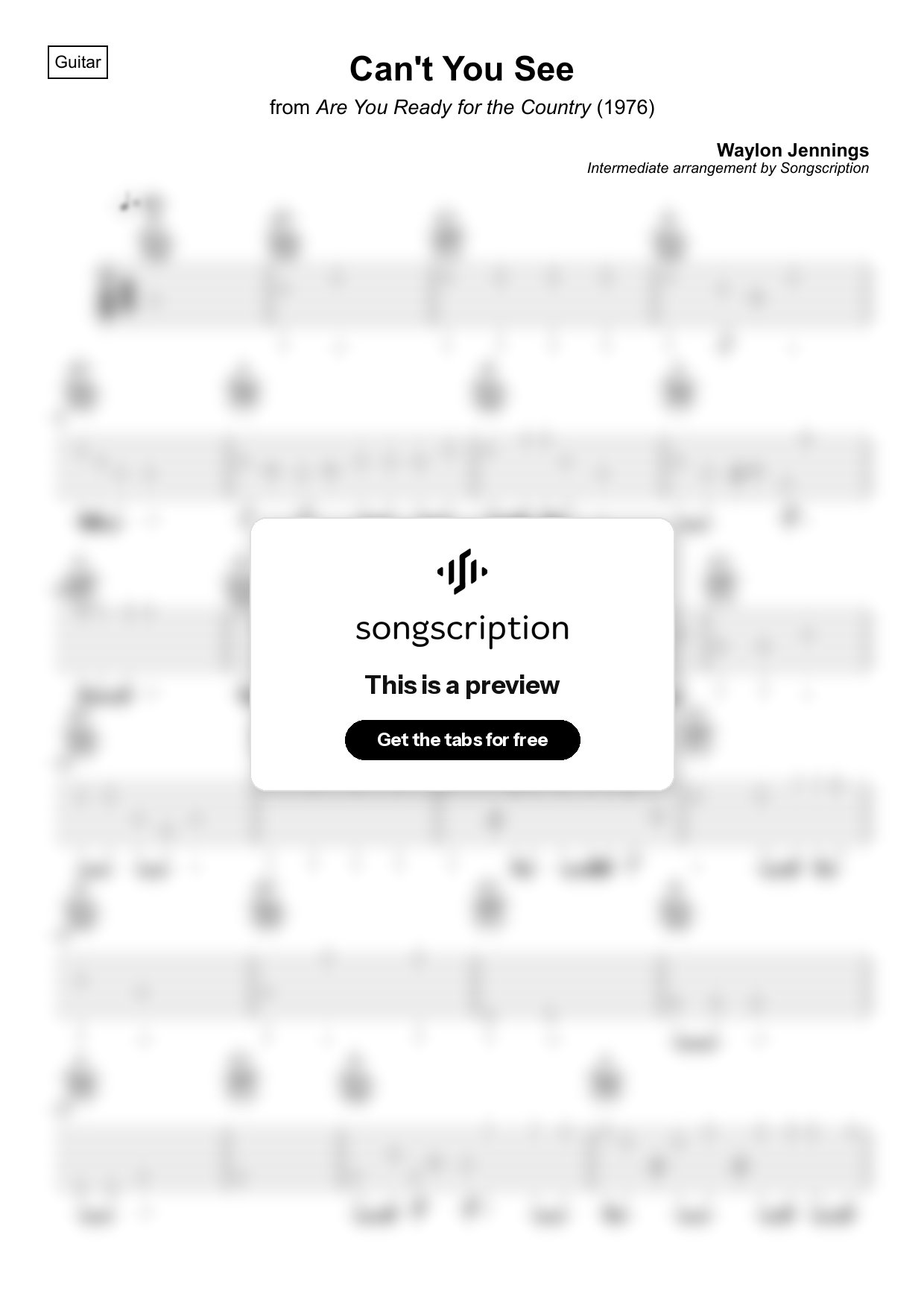 Intermediate Acoustic Guitar Tabs for "Can't You See" by Waylon Jennings