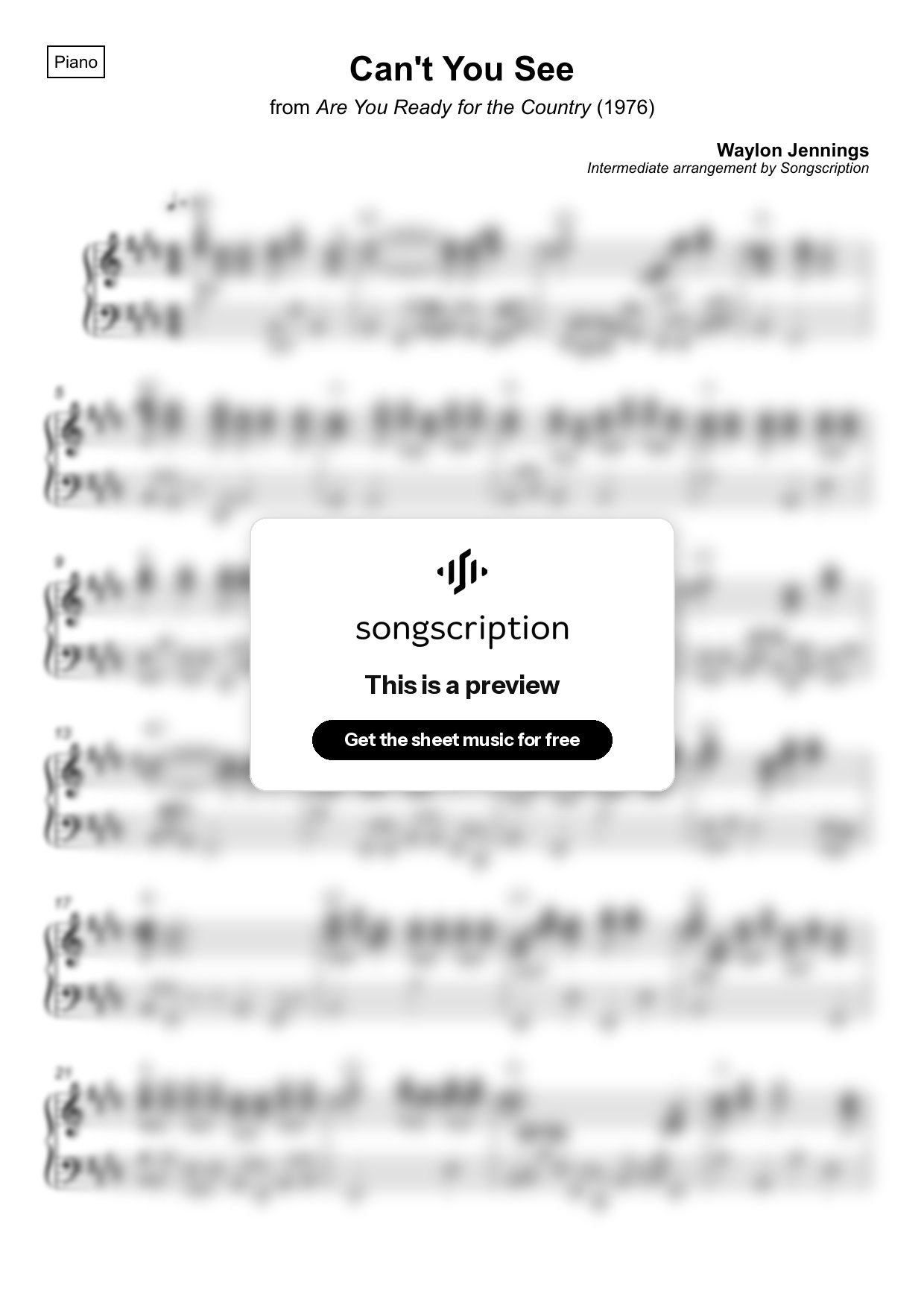 Intermediate Piano Sheet Music for "Can't You See" by Waylon Jennings