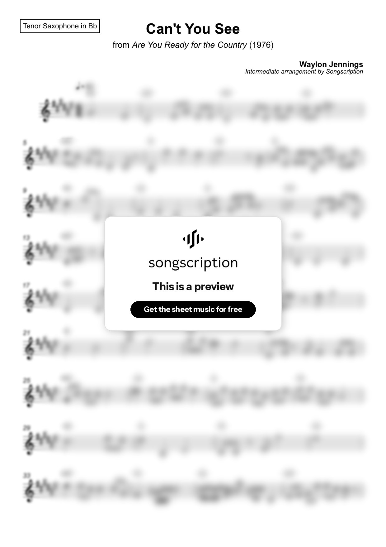 Intermediate Tenor Sax Sheet Music for "Can't You See" by Waylon Jennings