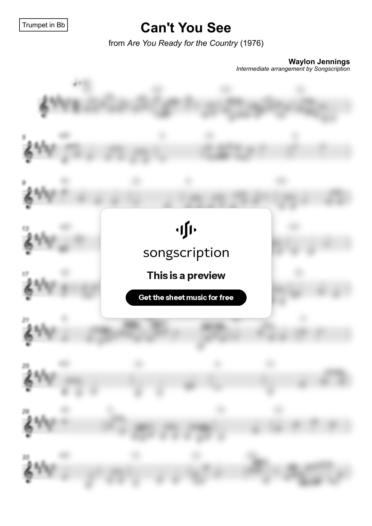 Intermediate Trumpet Sheet Music for "Can't You See" by Waylon Jennings