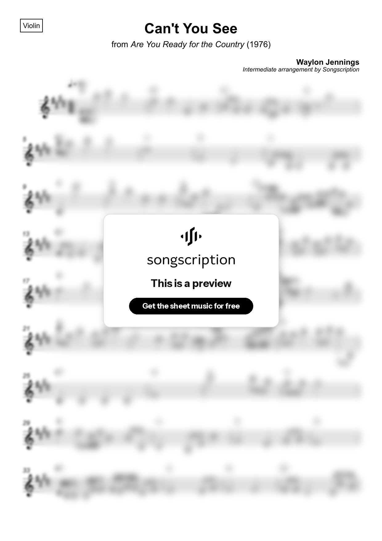 Intermediate Violin Sheet Music for "Can't You See" by Waylon Jennings