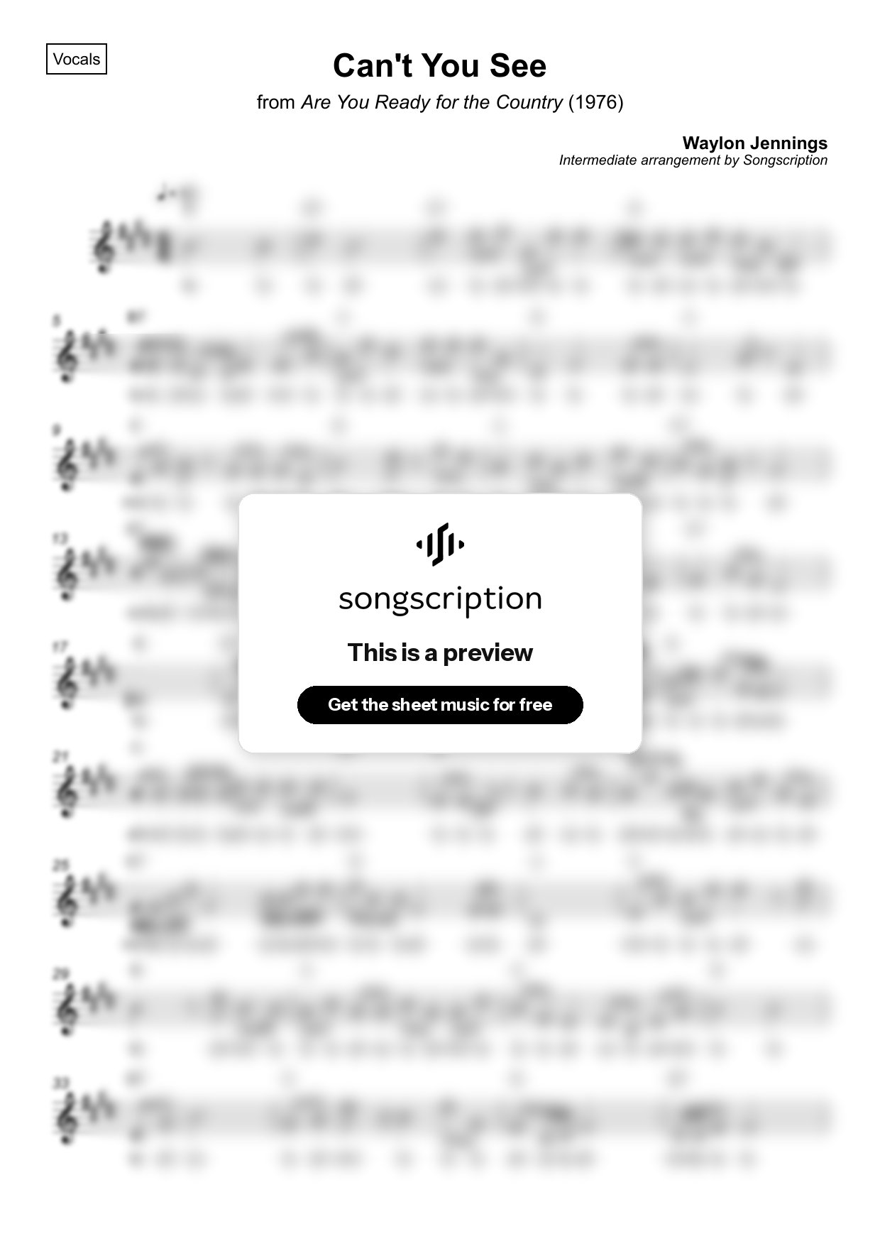 Intermediate Vocals Sheet Music for "Can't You See" by Waylon Jennings