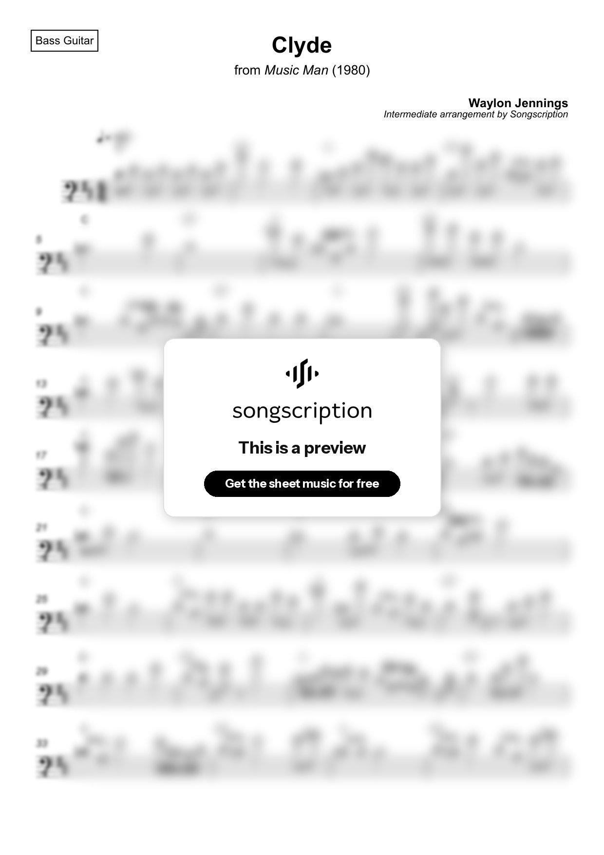 Intermediate Bass Guitar Sheet Music for "Clyde" by Waylon Jennings