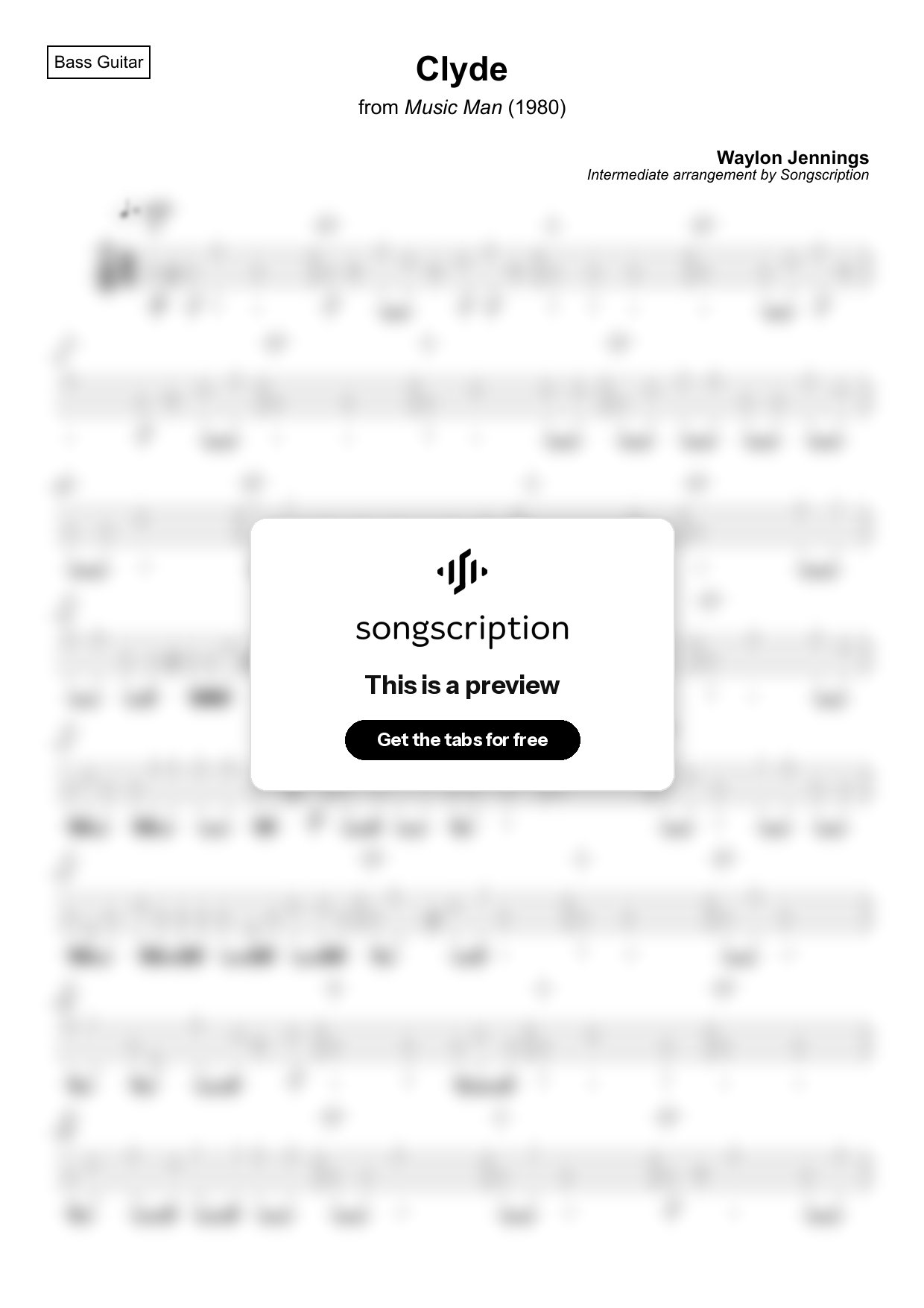 Intermediate Bass Guitar Tabs for "Clyde" by Waylon Jennings
