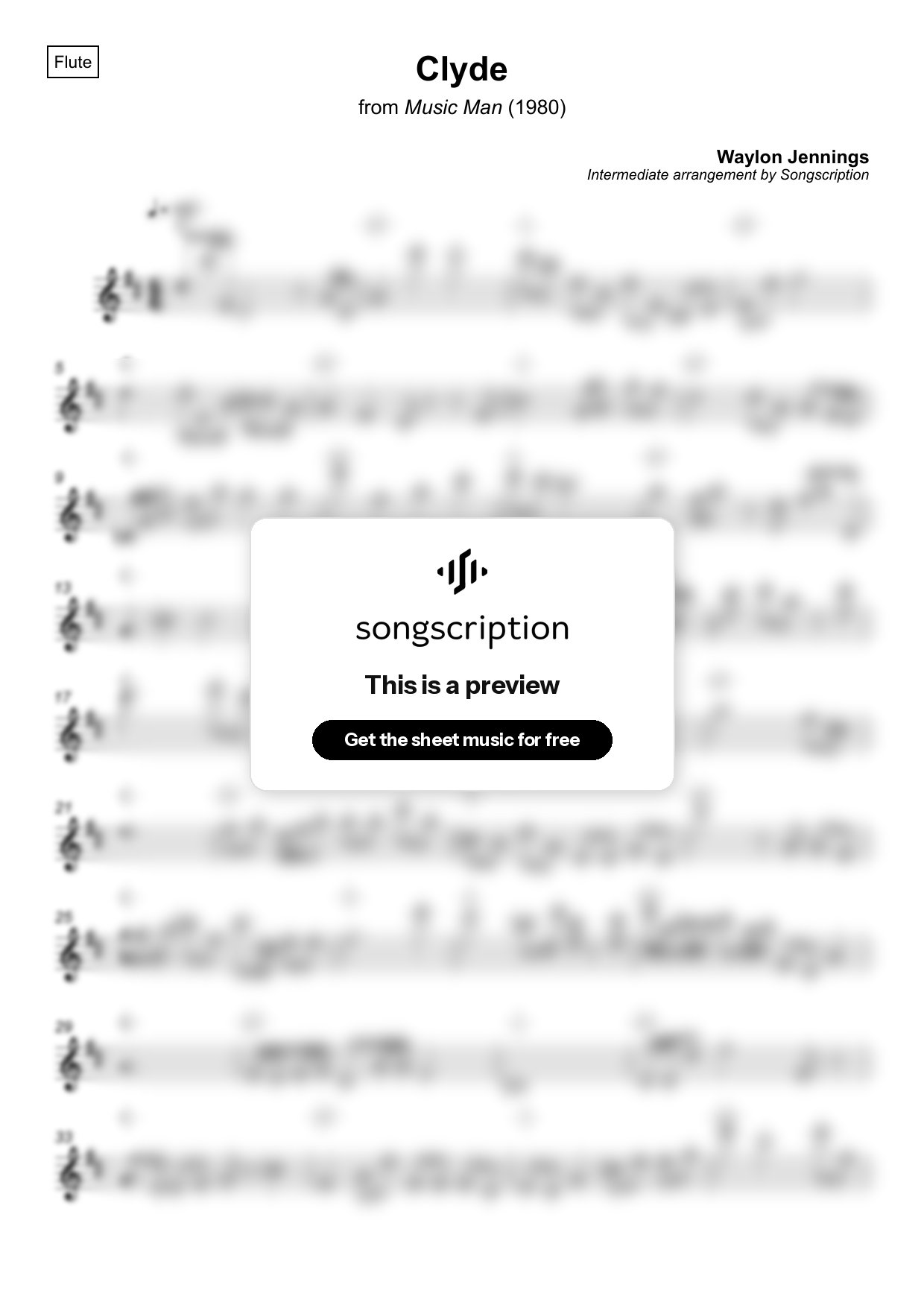Intermediate Flute Sheet Music for "Clyde" by Waylon Jennings
